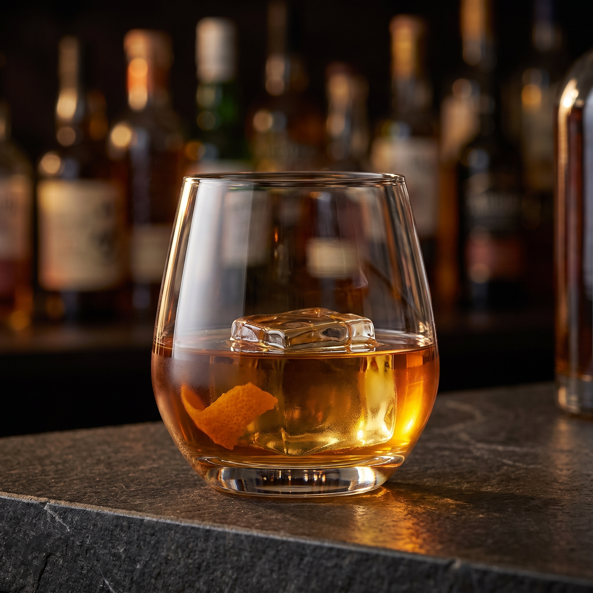 RCR Aria Tumbler 38 Cl met whisky en ijs op een donkere stenen bar