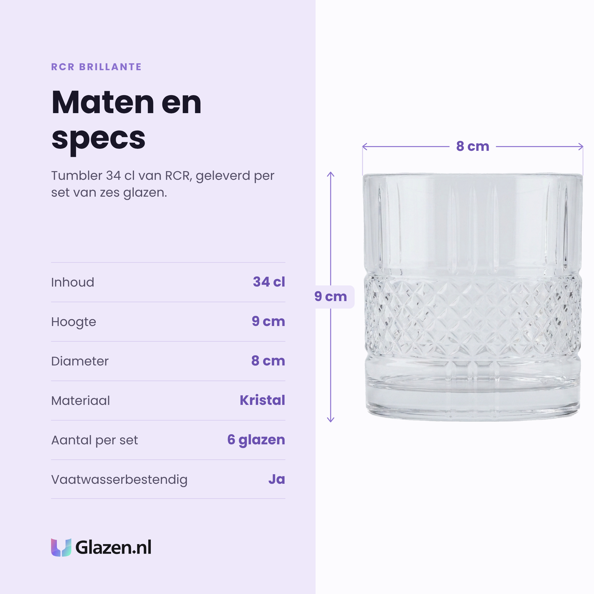 RCR Brillante tumbler 34 cl specificaties: inhoud 34 cl, hoogte 9 cm, diameter 8 cm, kristal, set van 6
