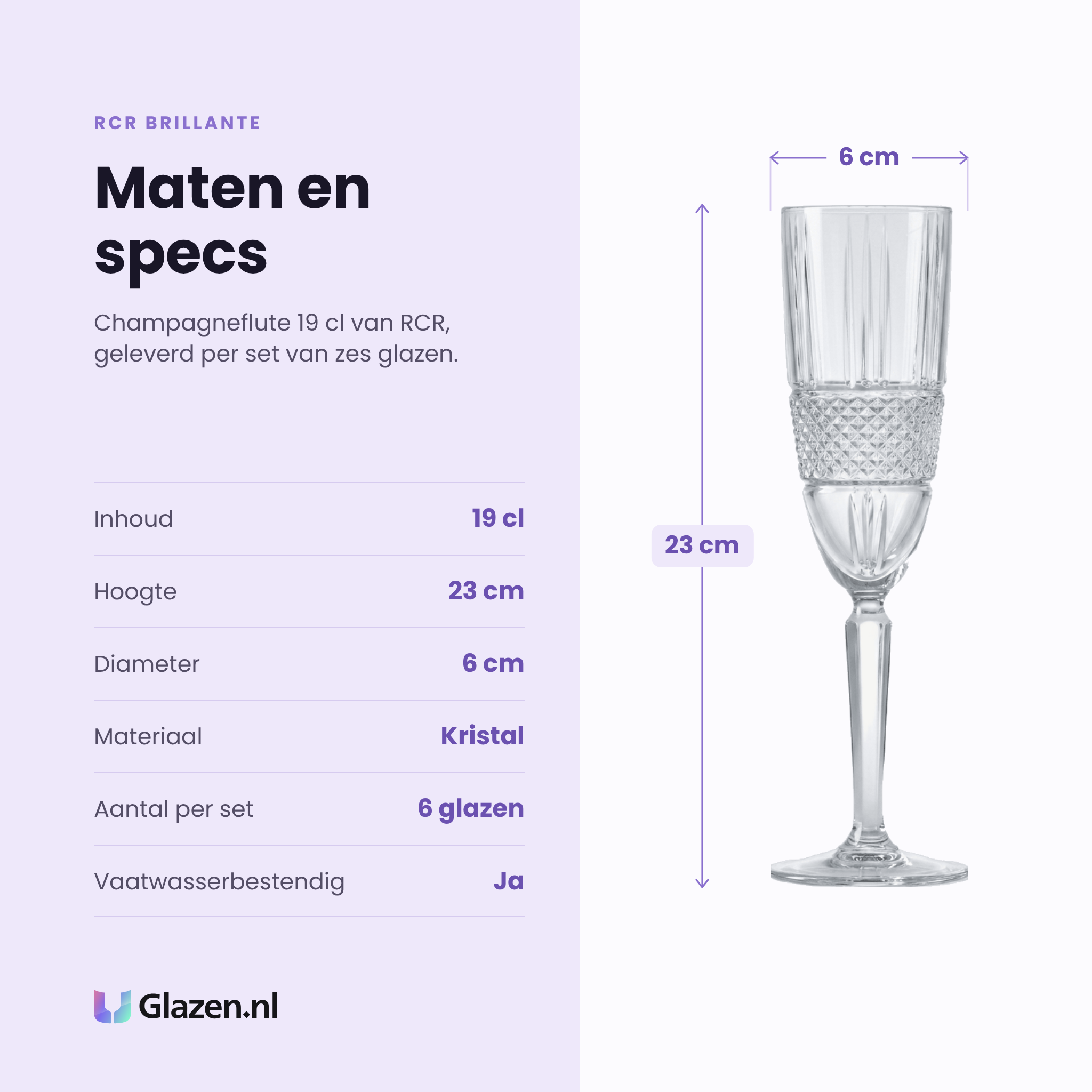 RCR Brillante champagneflute 19 cl specificaties: inhoud 19 cl, hoogte 23 cm, diameter 6 cm, kristal, set van 6
