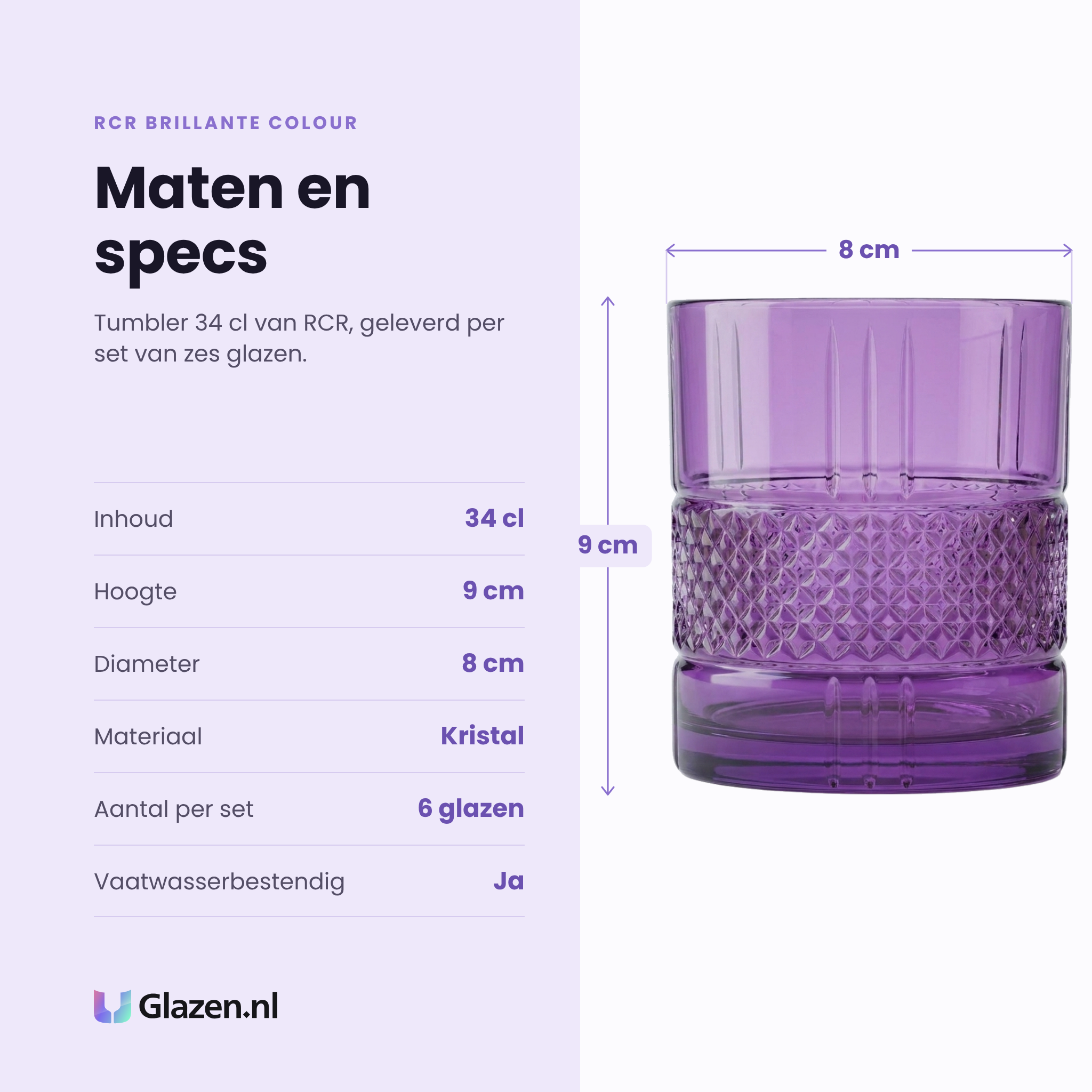 RCR Brillante Colour tumbler 34 cl specificaties: inhoud 34 cl, hoogte 9 cm, diameter 8 cm, kristal, set van 6