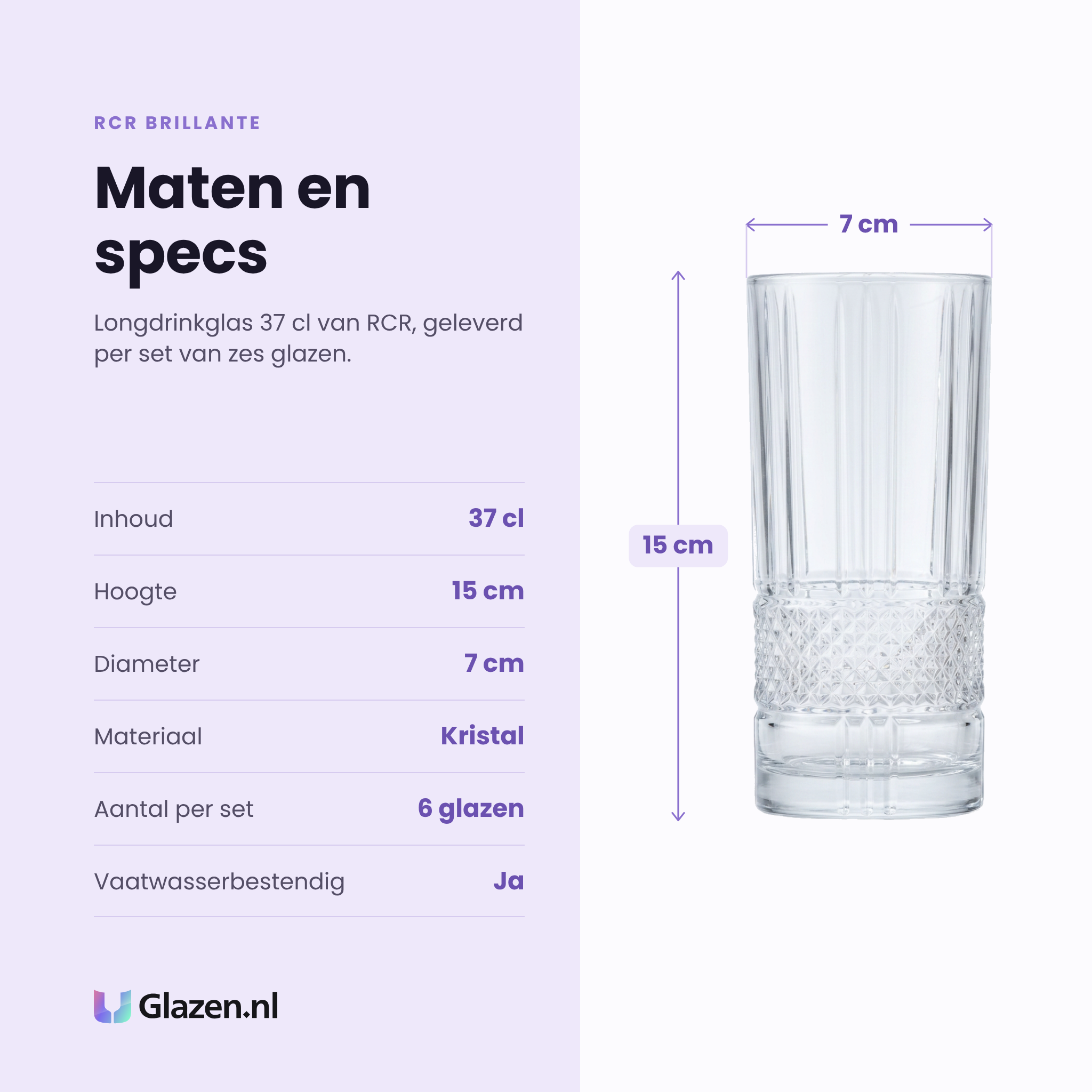 RCR Brillante longdrinkglas 37 cl specificaties: inhoud 37 cl, hoogte 15 cm, diameter 7 cm, kristal, set van 6
