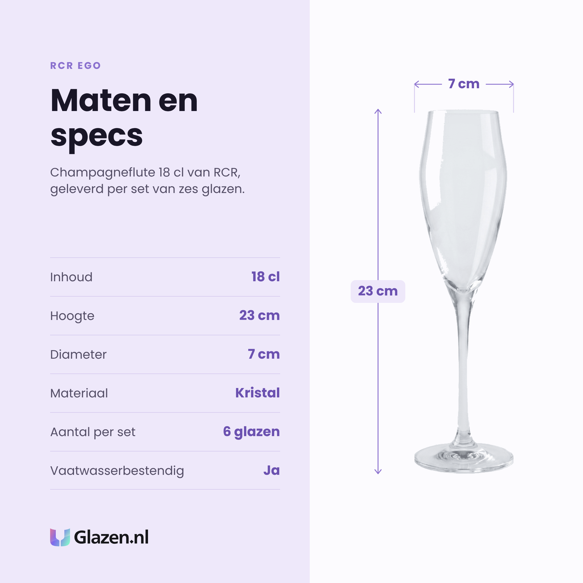 RCR Ego champagneflute 18 cl specificaties: inhoud 18 cl, hoogte 23 cm, diameter 7 cm, kristal, set van 6