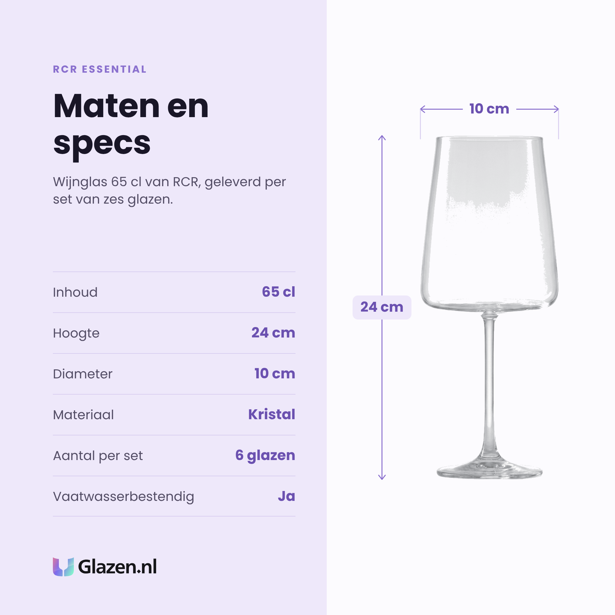 RCR Essential wijnglas 65 cl specificaties: inhoud 65 cl, hoogte 24 cm, diameter 10 cm, kristal, set van 6