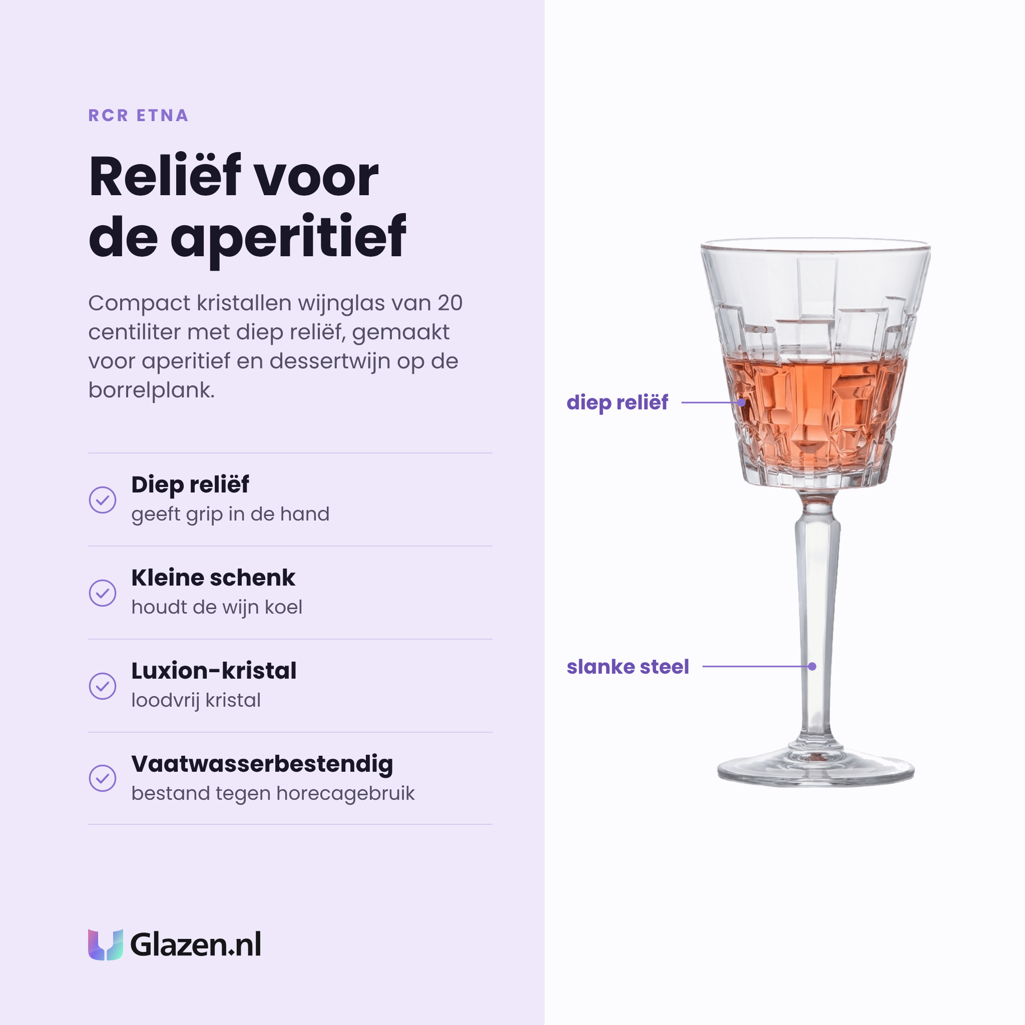 RCR Etna wijnglas 20 cl eigenschappen: diep reliëf, kleine schenk, loodvrij Luxion-kristal, vaatwasserbestendig