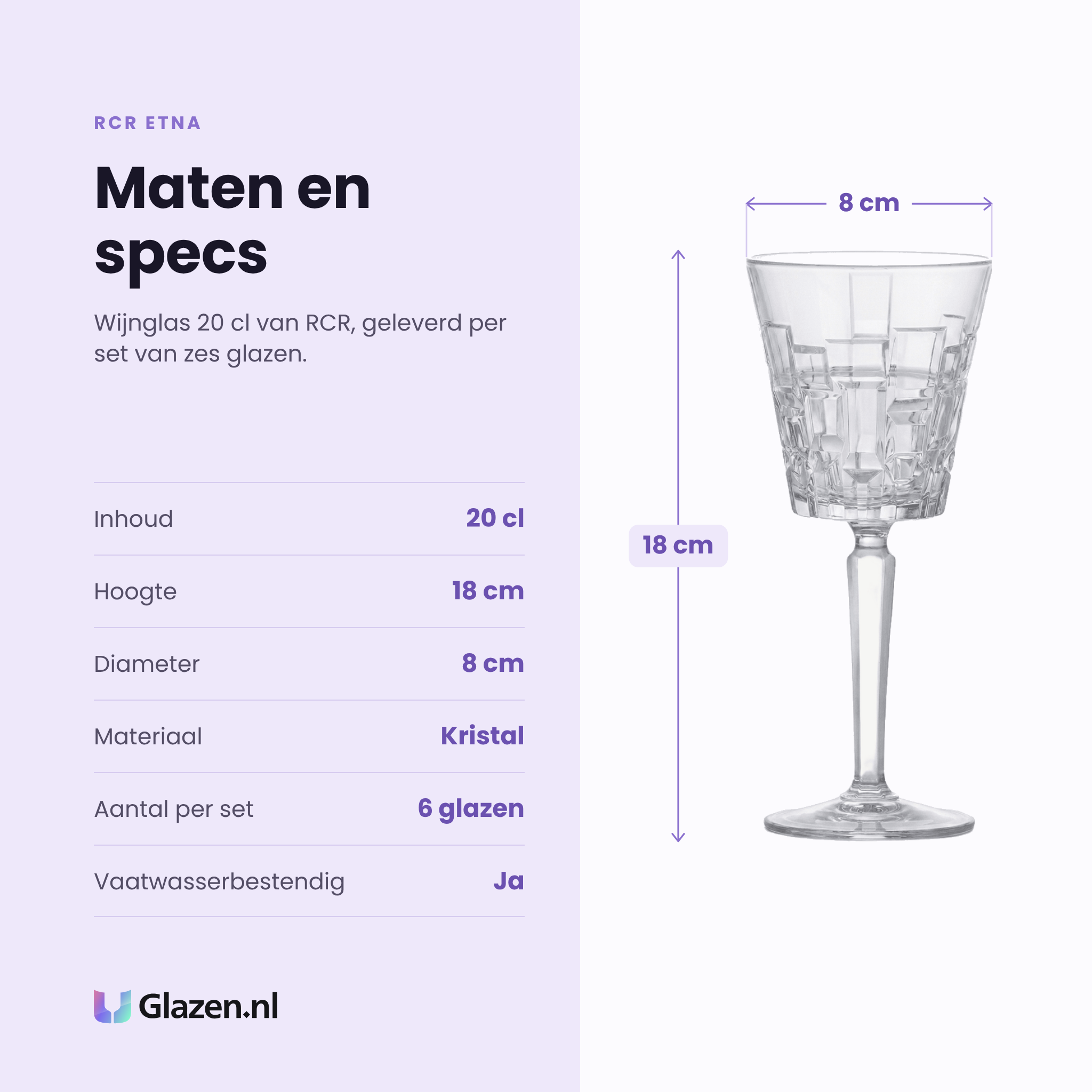 RCR Etna wijnglas 20 cl specificaties: inhoud 20 cl, hoogte 18 cm, diameter 8 cm, kristal, set van 6