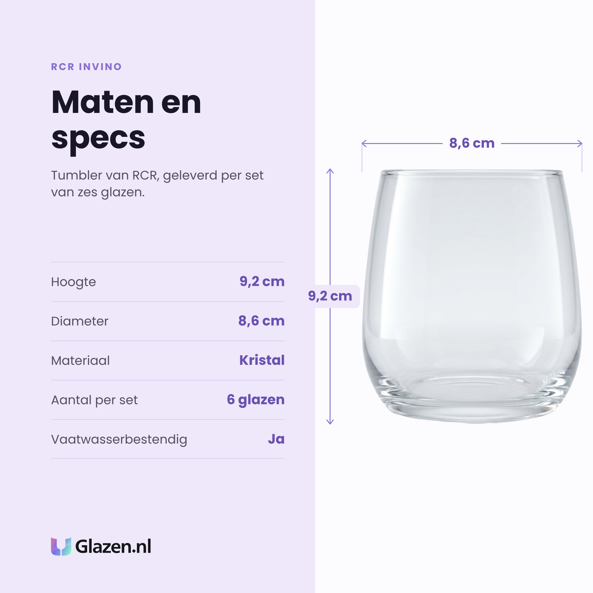 RCR Invino tumbler specificaties: hoogte 9,2 cm, diameter 8,6 cm, kristal, set van 6
