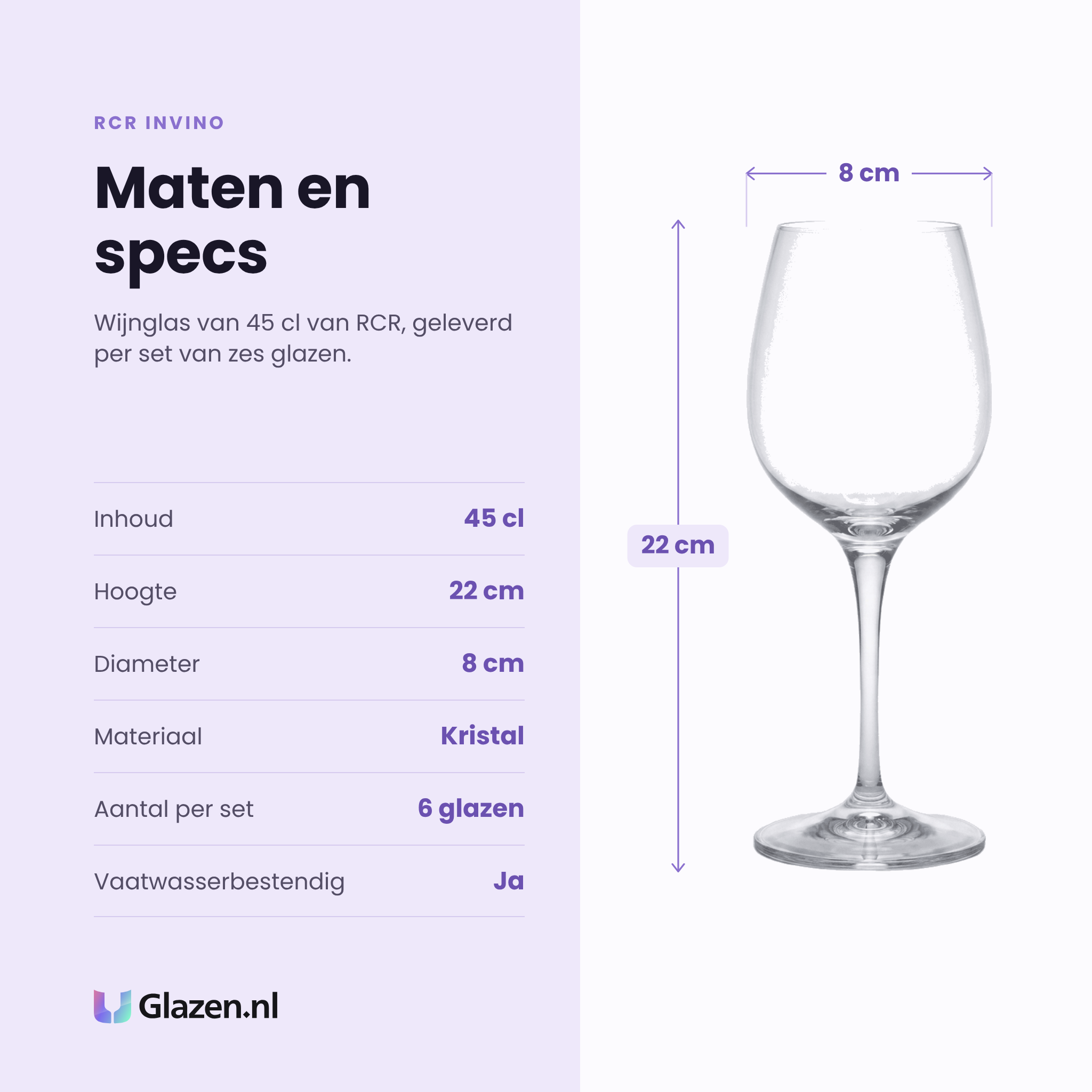 RCR Invino wijnglas 45 cl specificaties: inhoud 45 cl, hoogte 22 cm, diameter 8 cm, kristal, set van 6