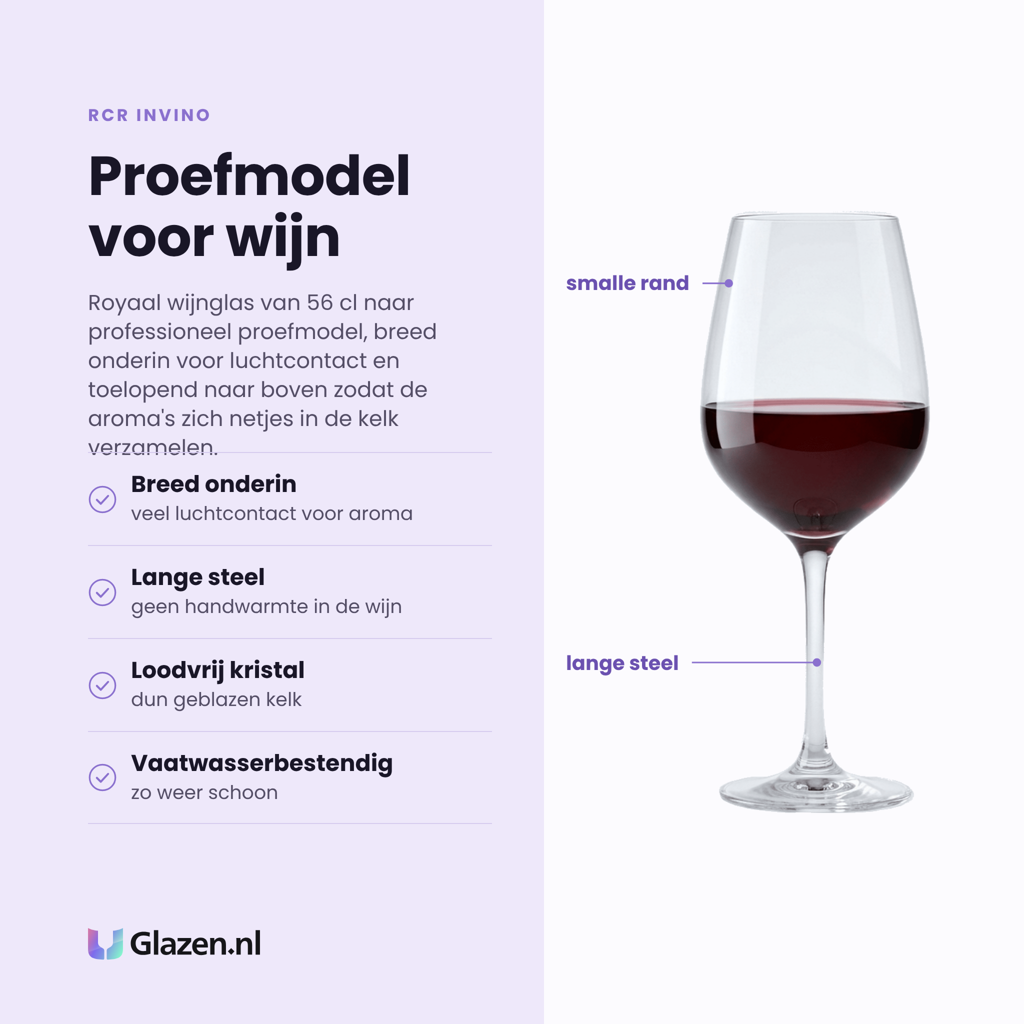 RCR Invino wijnglas 56 cl eigenschappen: breed onderin voor luchtcontact, lange steel, loodvrij kristal, vaatwasserbestendig