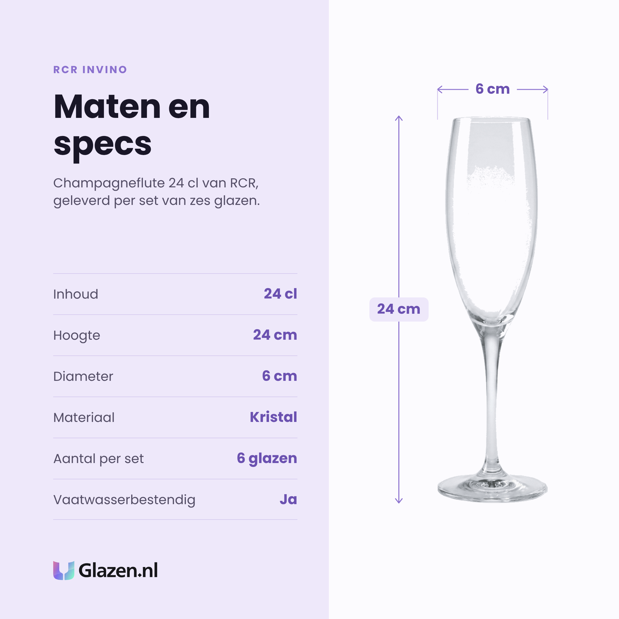 RCR Invino champagneflute 24 cl specificaties: inhoud 24 cl, hoogte 24 cm, diameter 6 cm, kristal, set van 6
