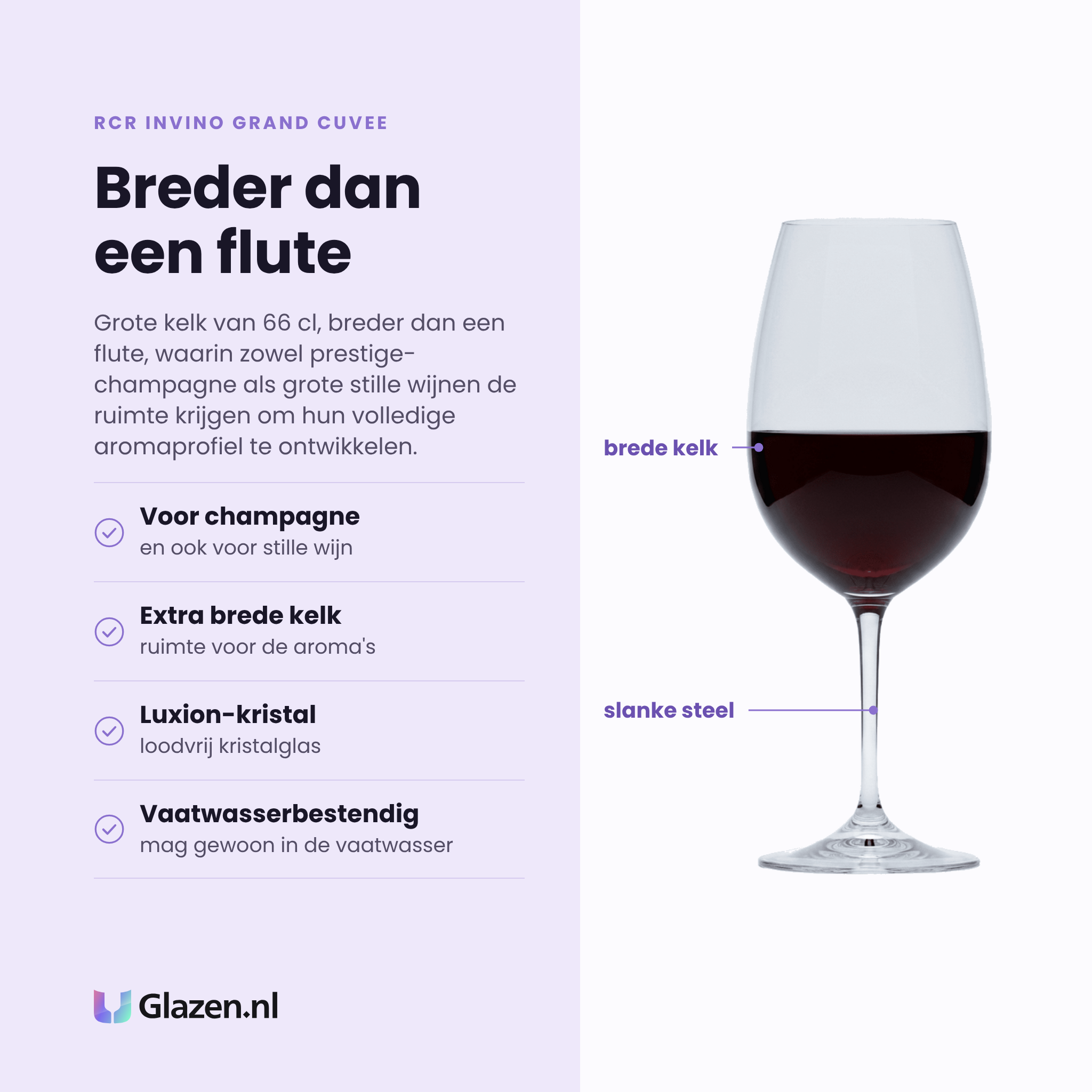 RCR Invino Grand Cuvee wijnglas 66 cl eigenschappen: voor champagne en stille wijn, extra brede kelk, luxion-kristal, vaatwasserbestendig
