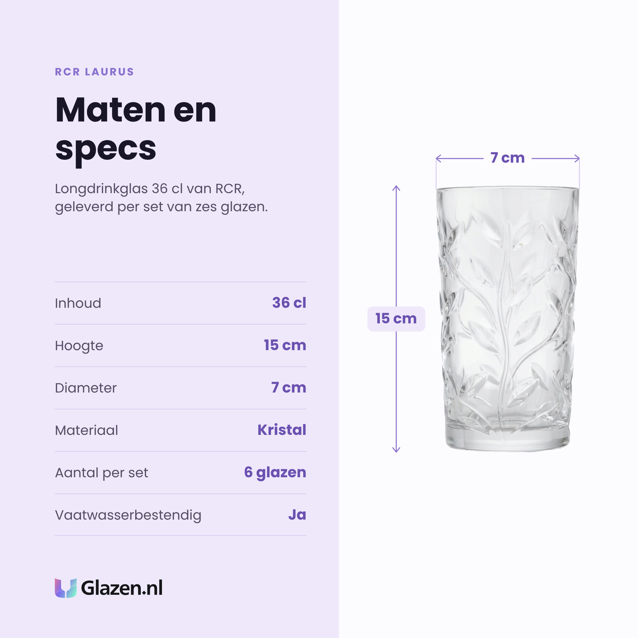 RCR Laurus longdrinkglas 36 cl specificaties: inhoud 36 cl, hoogte 15 cm, diameter 7 cm, kristal, set van 6