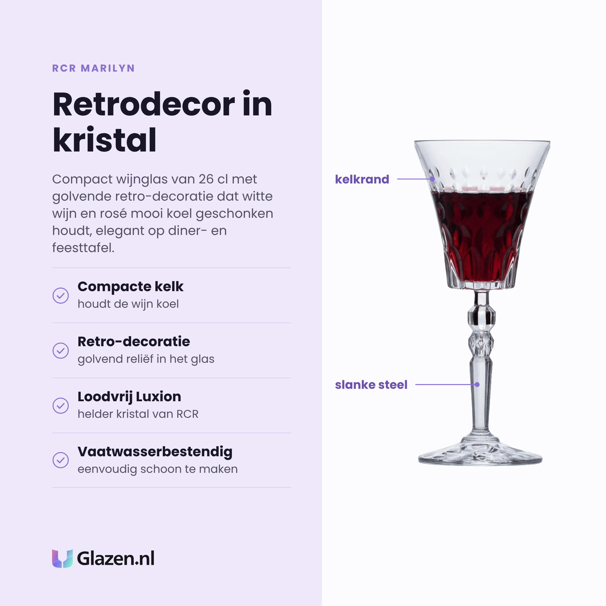 RCR Marilyn wijnglas 26 cl eigenschappen: compacte kelk, golvende retro-decoratie, loodvrij Luxion-kristal, vaatwasserbestendig