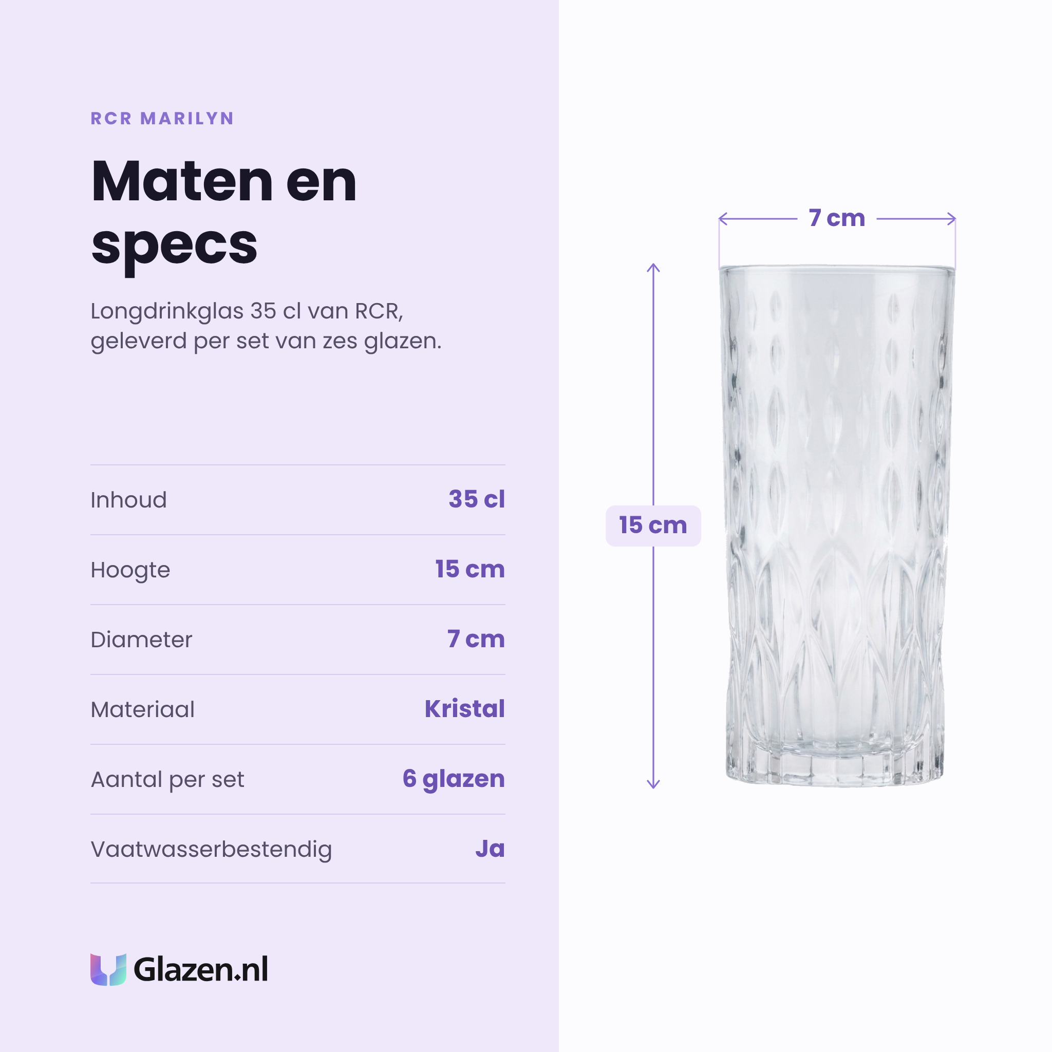 RCR Marilyn longdrinkglas 35 cl specificaties: inhoud 35 cl, hoogte 15 cm, diameter 7 cm, kristal, set van 6