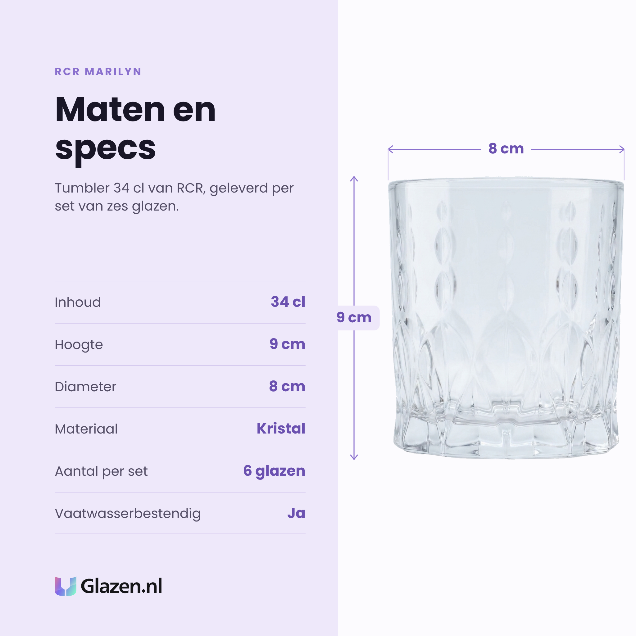 RCR Marilyn tumbler 34 cl specificaties: inhoud 34 cl, hoogte 9 cm, diameter 8 cm, kristal, set van 6