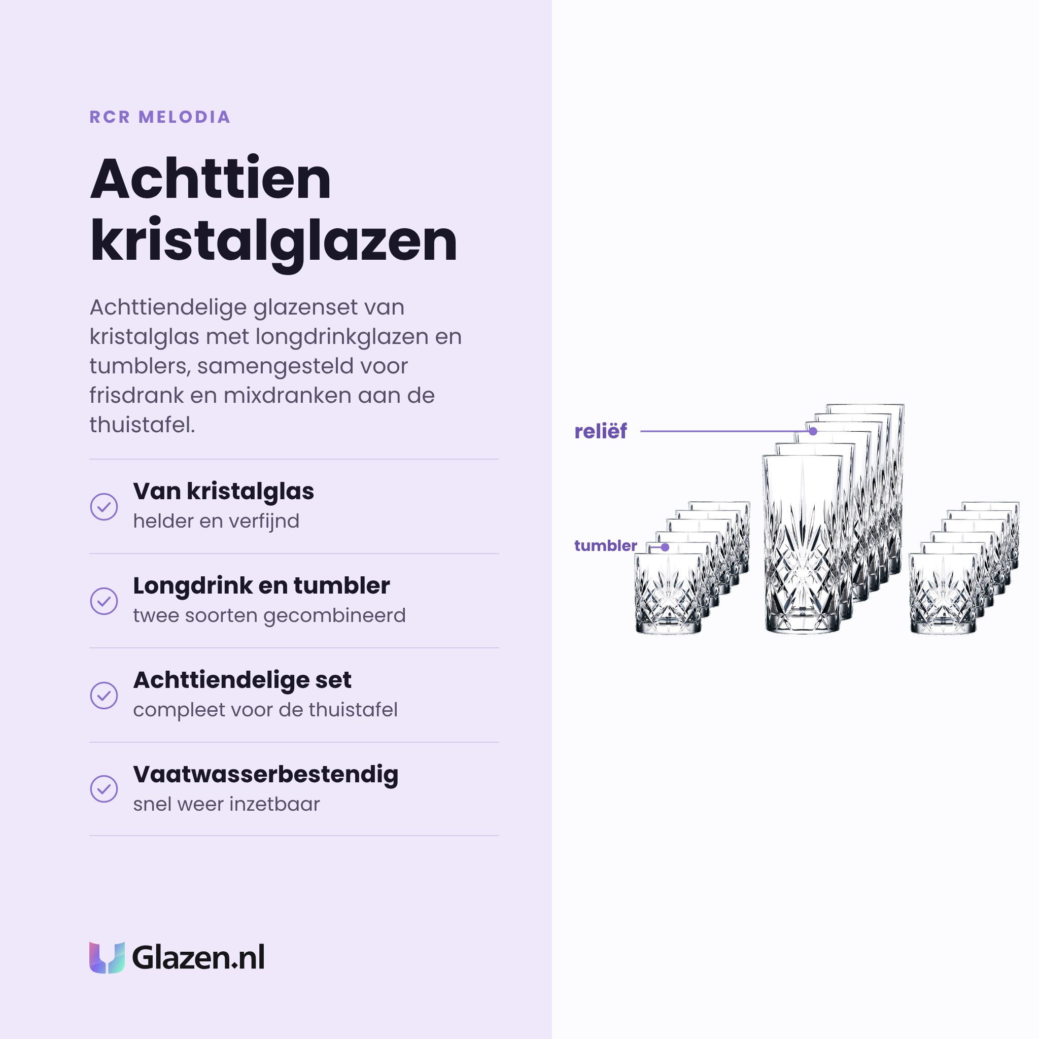 RCR Melodia glazenset 18-delig eigenschappen: van kristalglas, longdrink en tumbler, achttiendelige set, vaatwasserbestendig