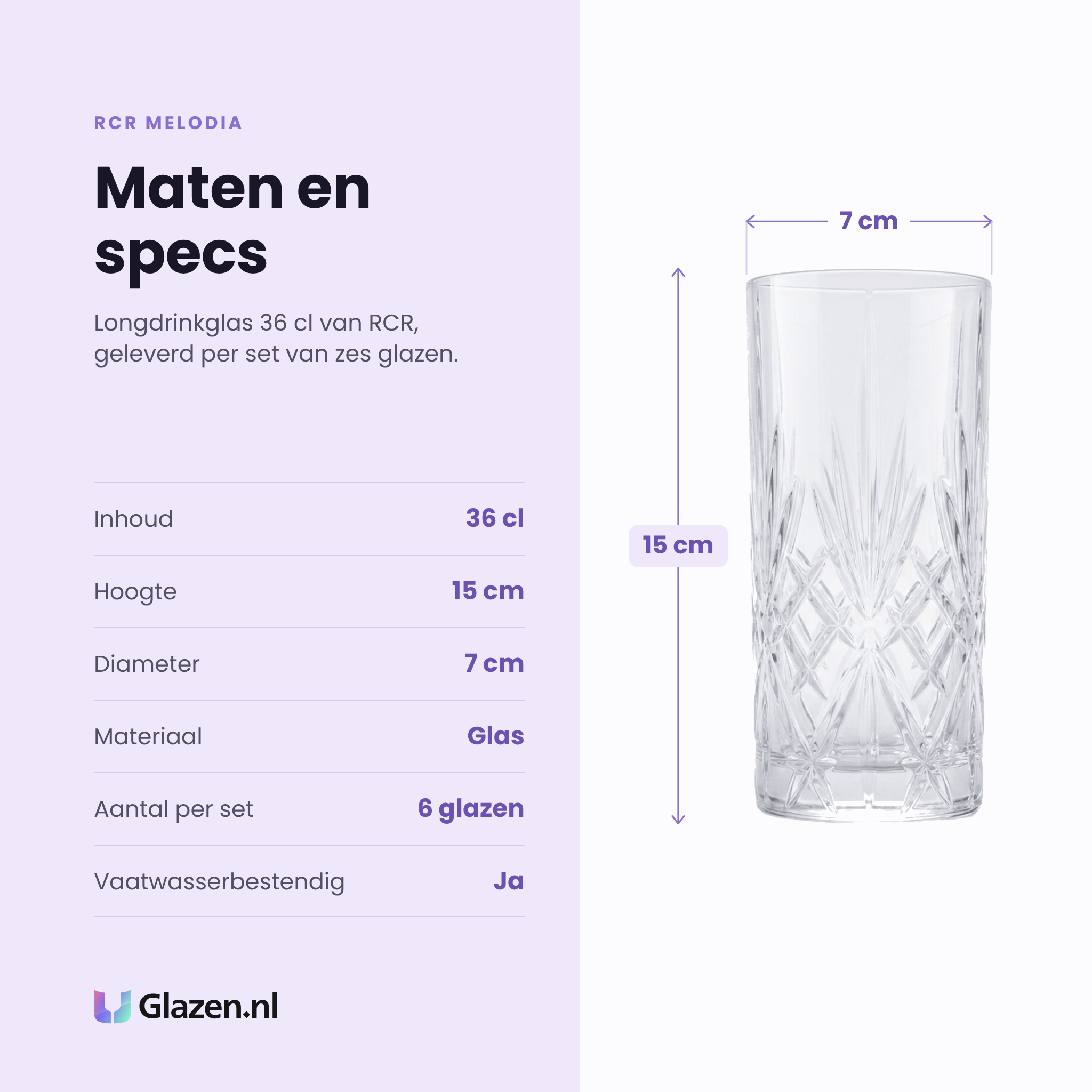 RCR Melodia longdrinkglas 36 cl specificaties: inhoud 36 cl, hoogte 15 cm, diameter 7 cm, glas, set van 6