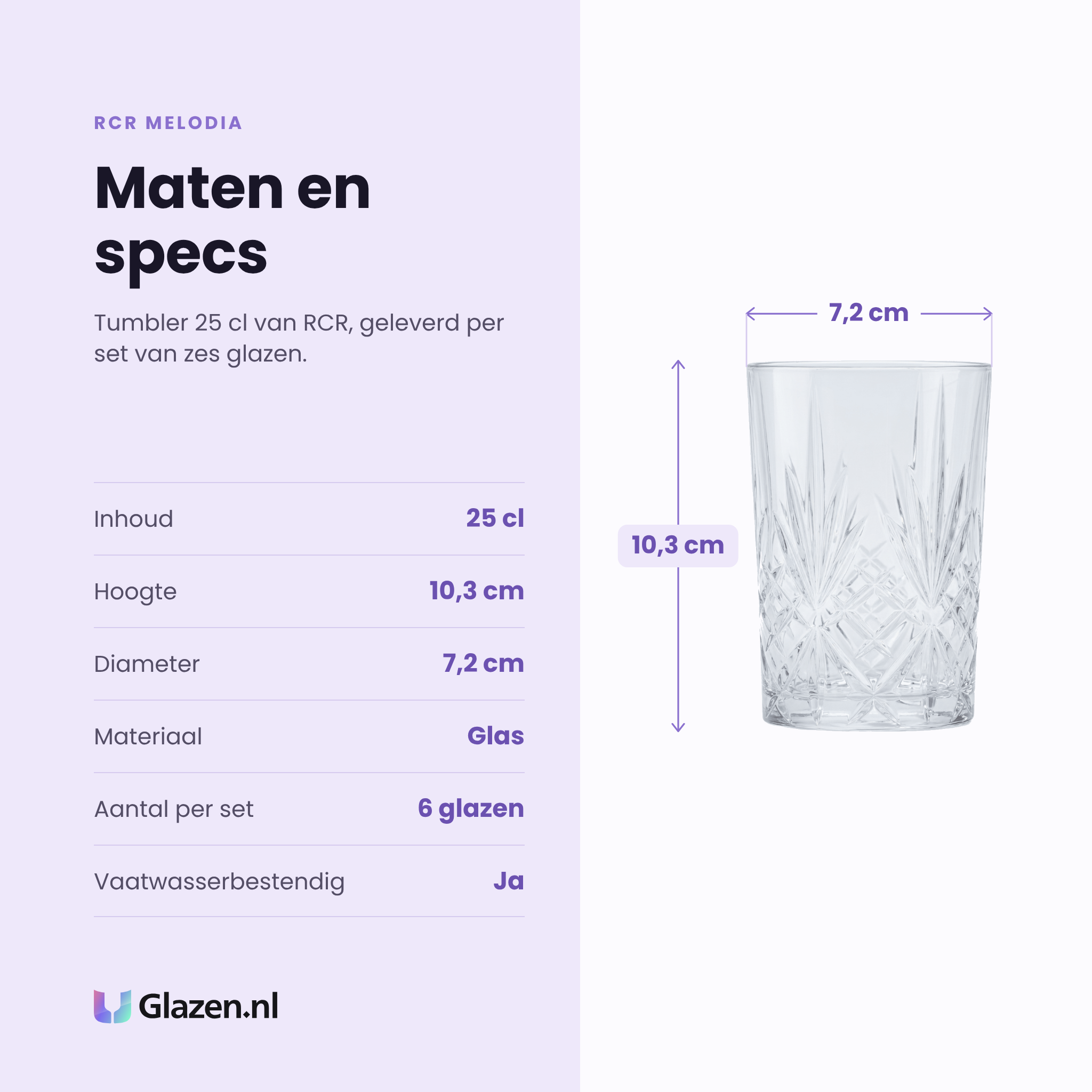 RCR Melodia tumbler 25 cl specificaties: inhoud 25 cl, hoogte 10,3 cm, diameter 7,2 cm, glas, set van 6