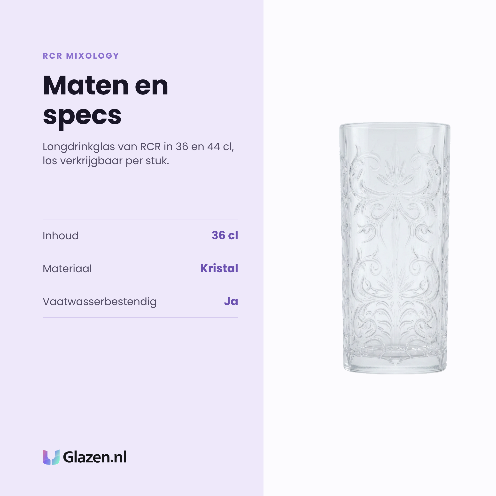 RCR Mixology longdrinkglas 36 cl specificaties: inhoud 36 cl, kristal, los per stuk