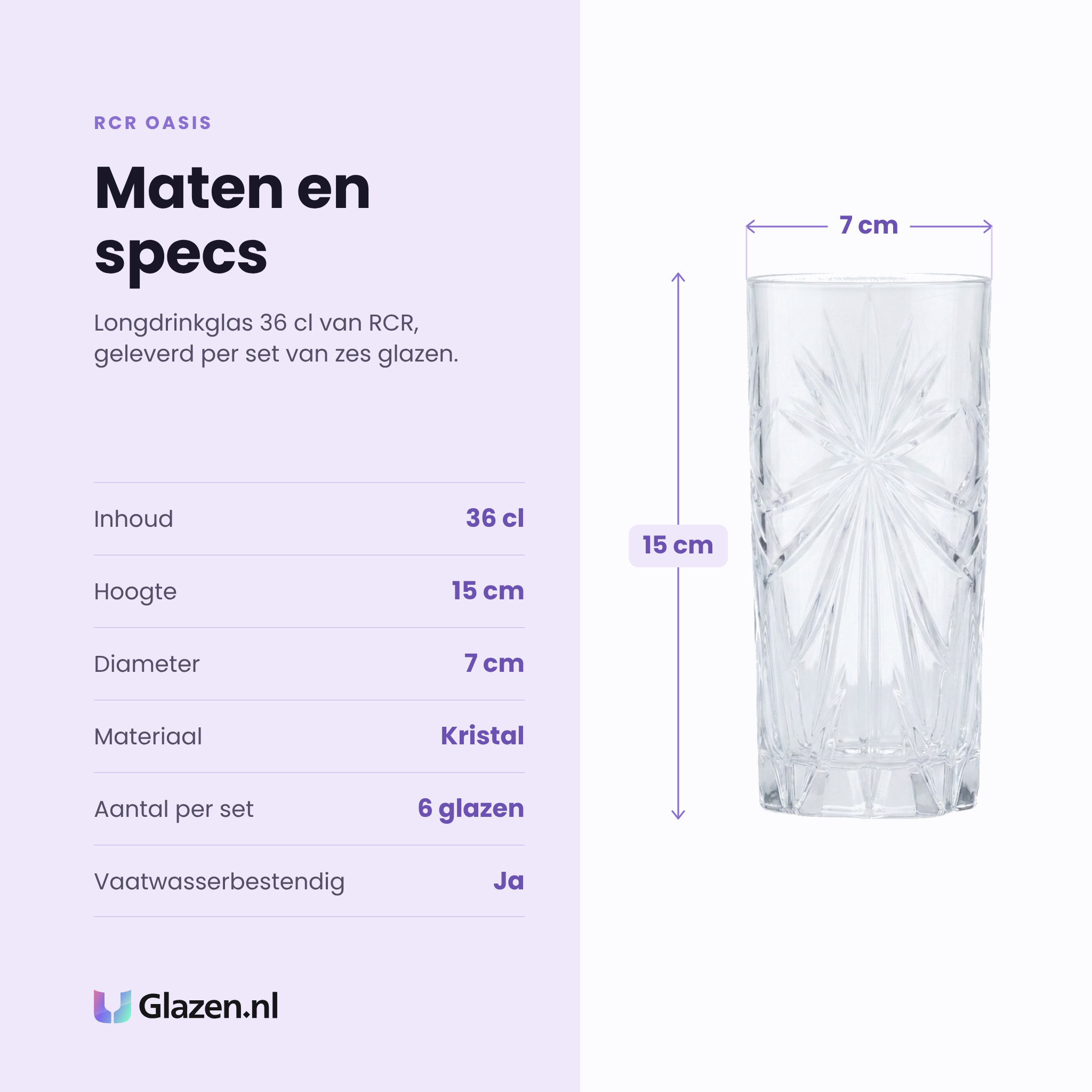 RCR Oasis longdrinkglas 36 cl specificaties: inhoud 36 cl, hoogte 15 cm, diameter 7 cm, kristal, set van 6