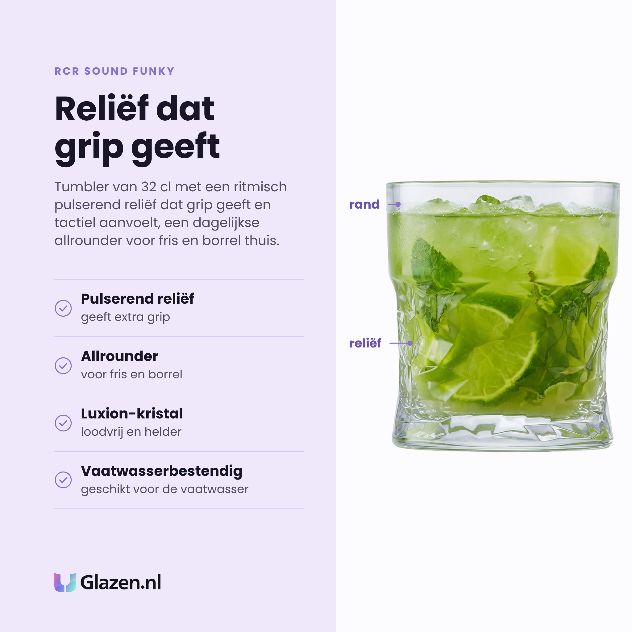 RCR Sound Funky tumbler 32 cl eigenschappen: pulserend reliëf geeft grip, allrounder voor fris en borrel, loodvrij Luxion-kristal, vaatwasserbestendig