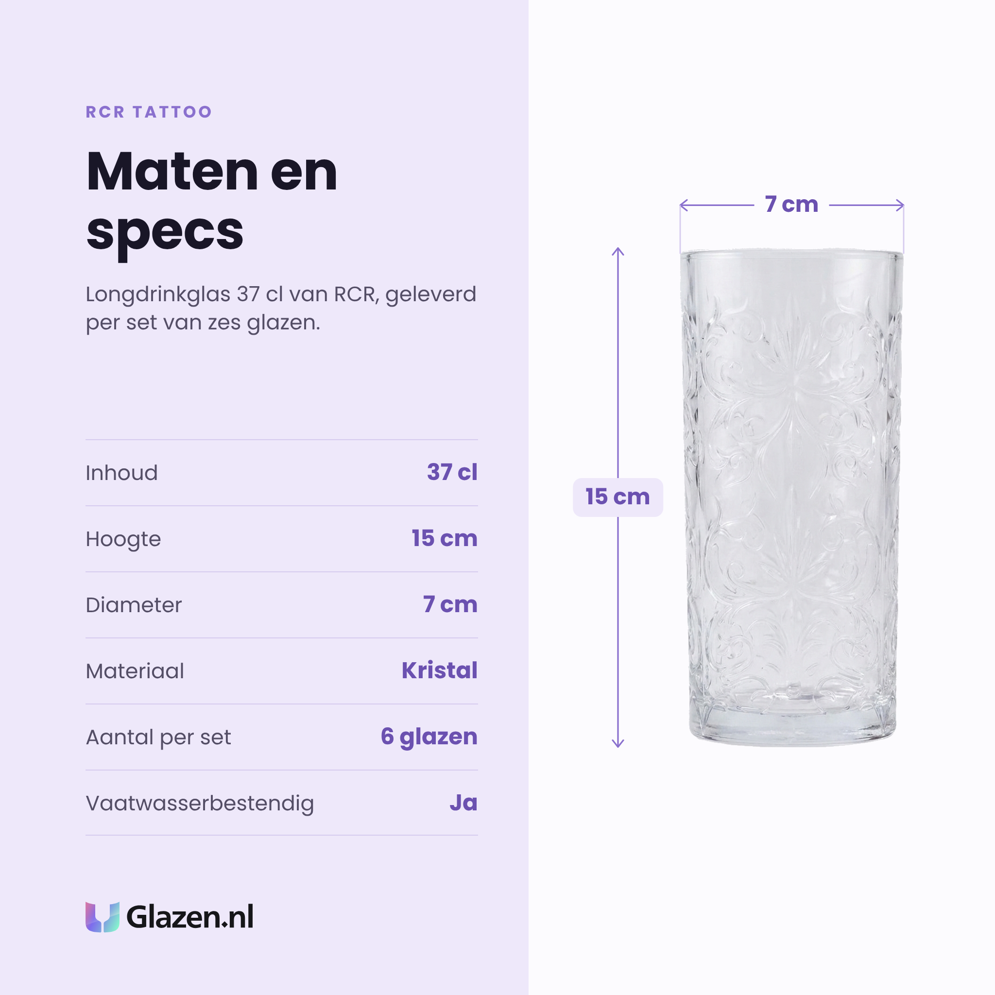 RCR Tattoo longdrinkglas 37 cl specificaties: inhoud 37 cl, hoogte 15 cm, diameter 7 cm, kristal, set van 6