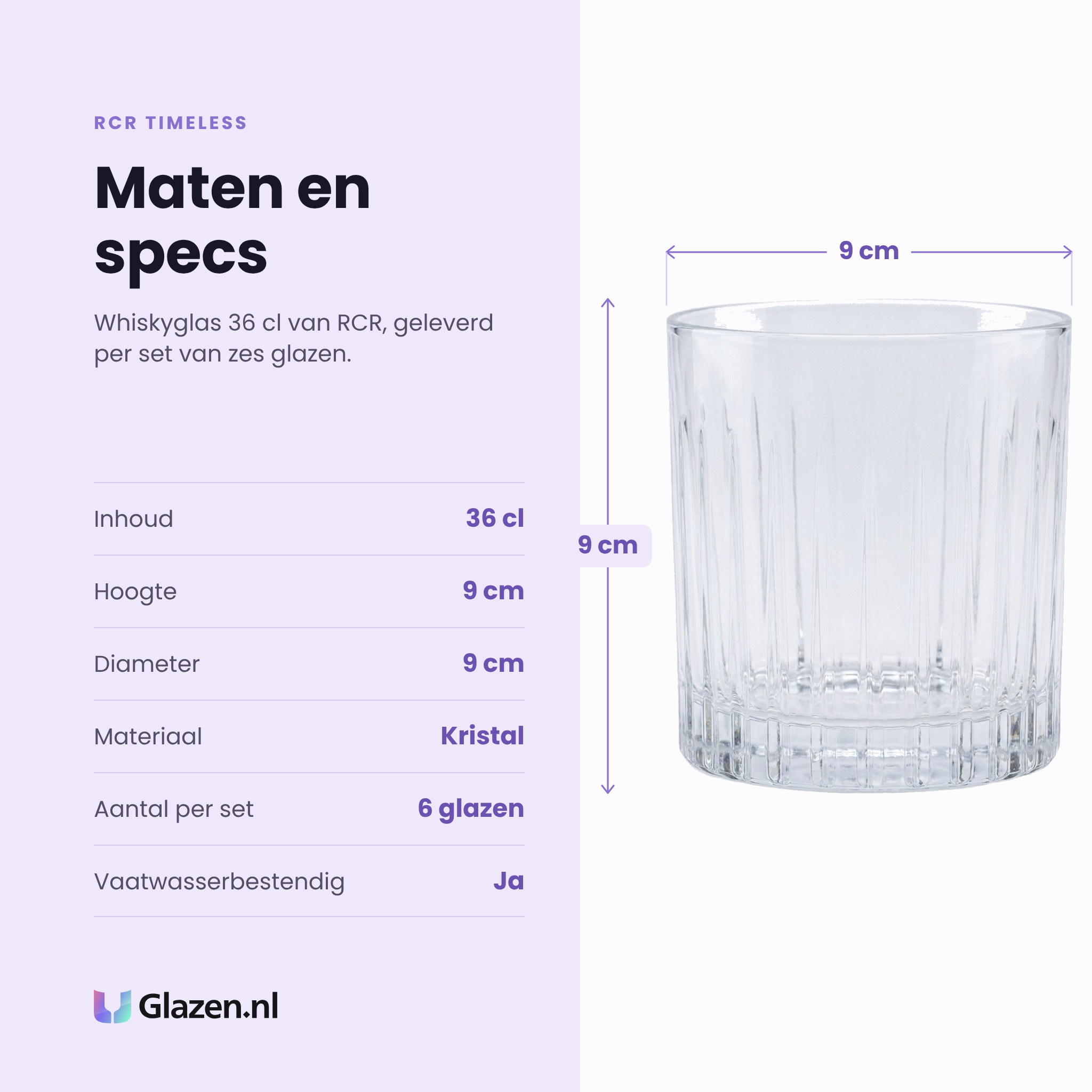 RCR Timeless whiskyglas 36 cl specificaties: inhoud 36 cl, hoogte 9 cm, diameter 9 cm, kristal, set van 6