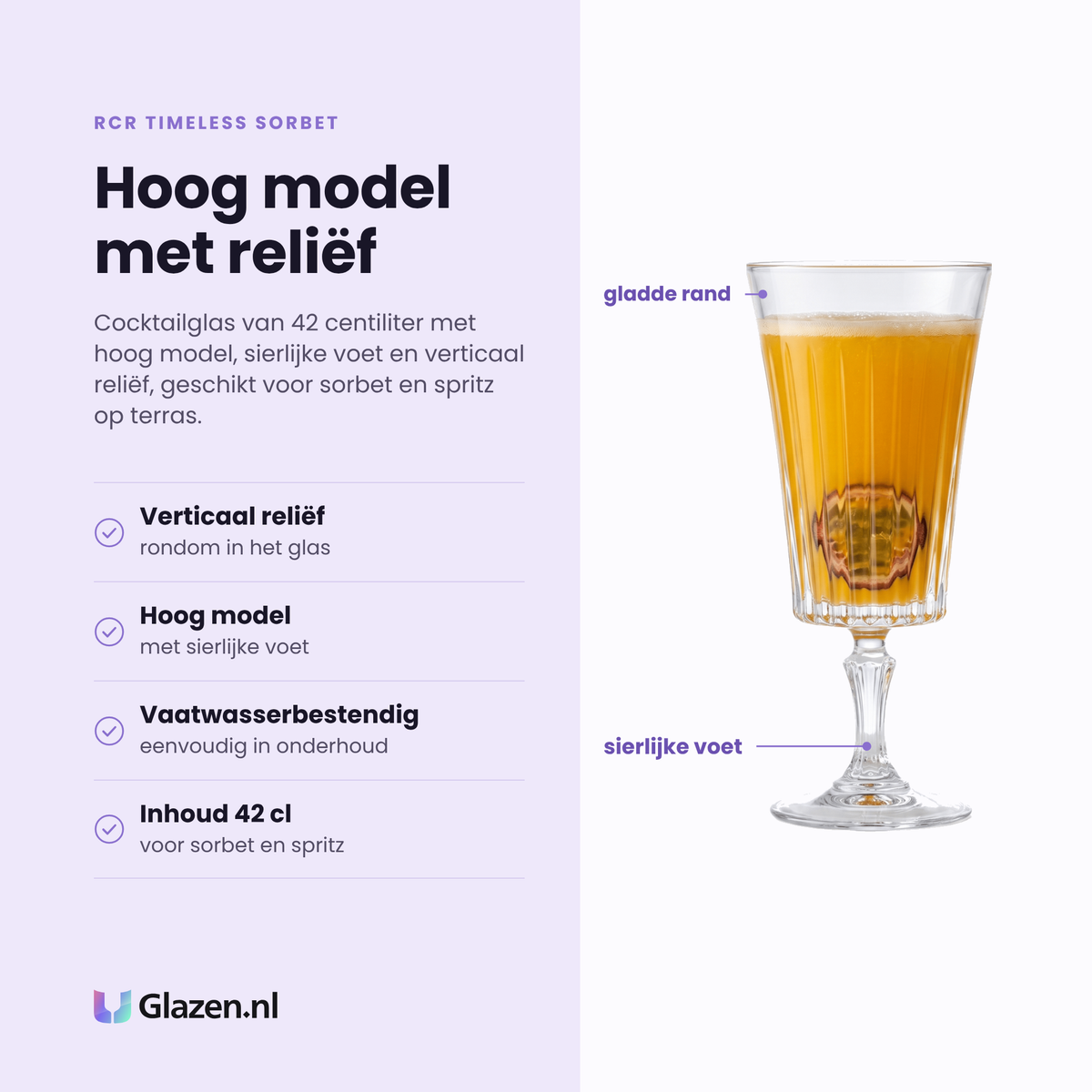 RCR Timeless Sorbet cocktailglas 42 cl eigenschappen: verticaal reliëf, hoog model met sierlijke voet, vaatwasserbestendig, inhoud 42 cl
