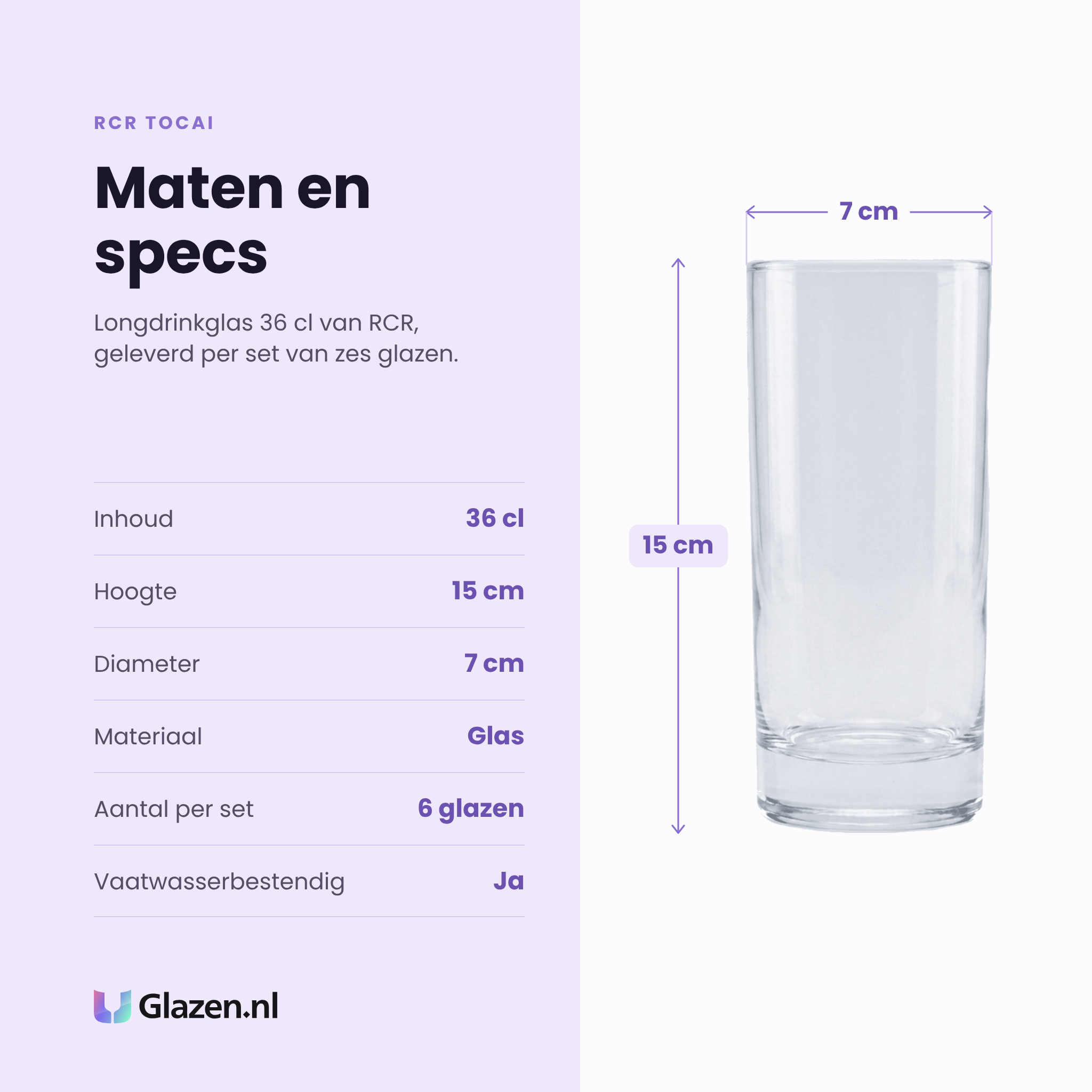 RCR Tocai longdrinkglas 36 cl specificaties: inhoud 36 cl, hoogte 15 cm, diameter 7 cm, glas, set van 6
