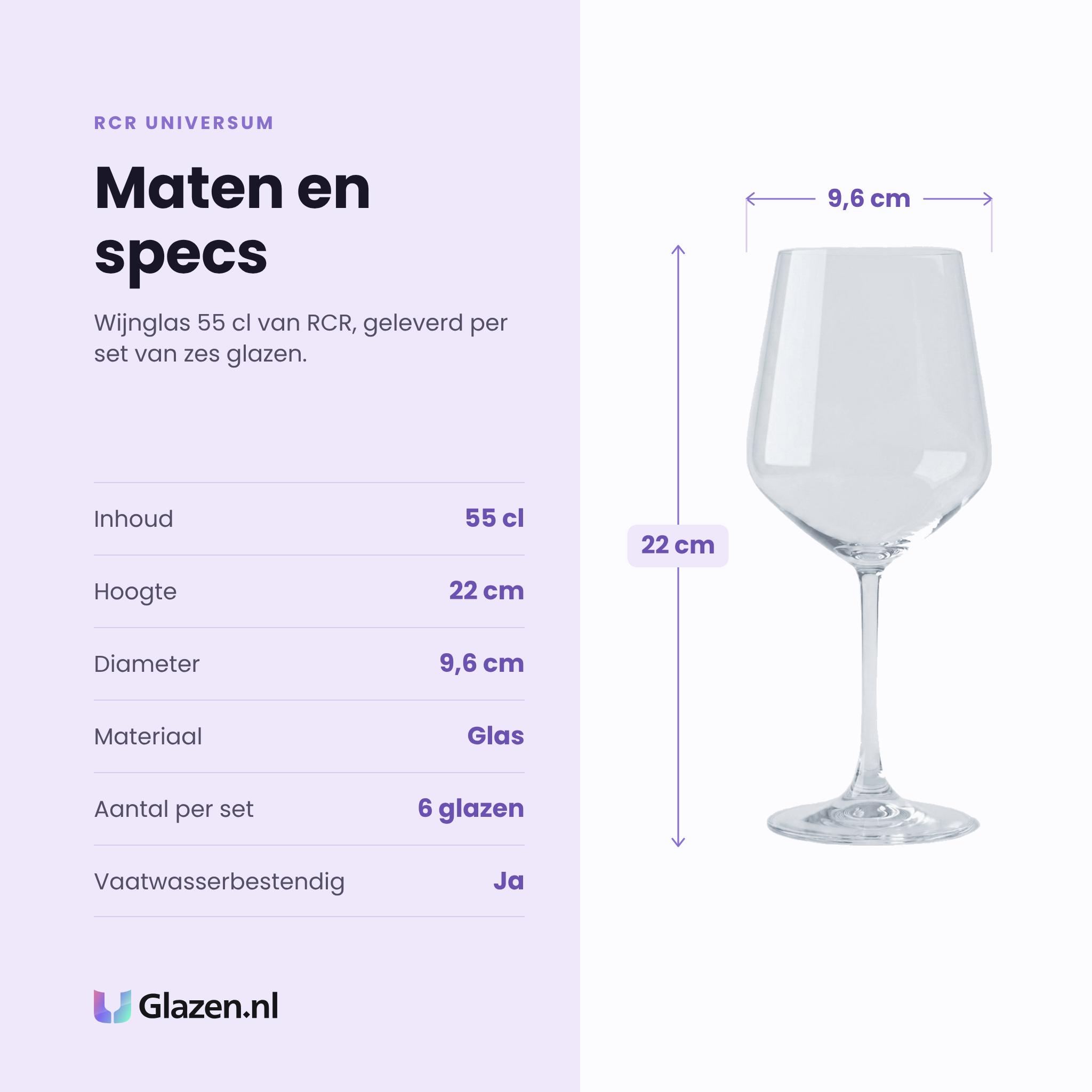 RCR Universum wijnglas 55 cl specificaties: inhoud 55 cl, hoogte 22 cm, diameter 9,6 cm, glas, set van 6