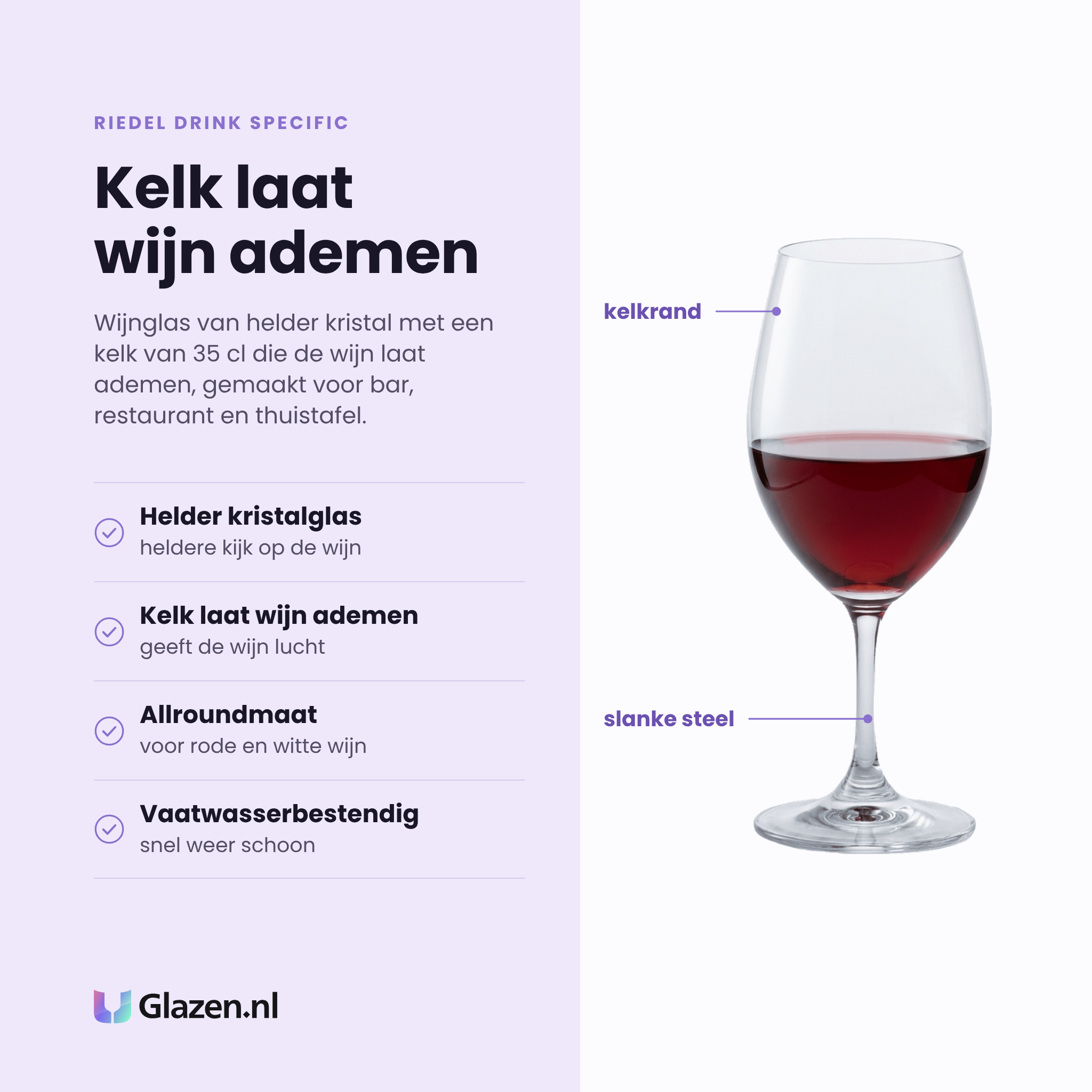 Riedel Drink Specific wijnglas 35 cl eigenschappen: helder kristalglas, kelk laat de wijn ademen, allroundmaat voor rode en witte wijn, vaatwasserbestendig