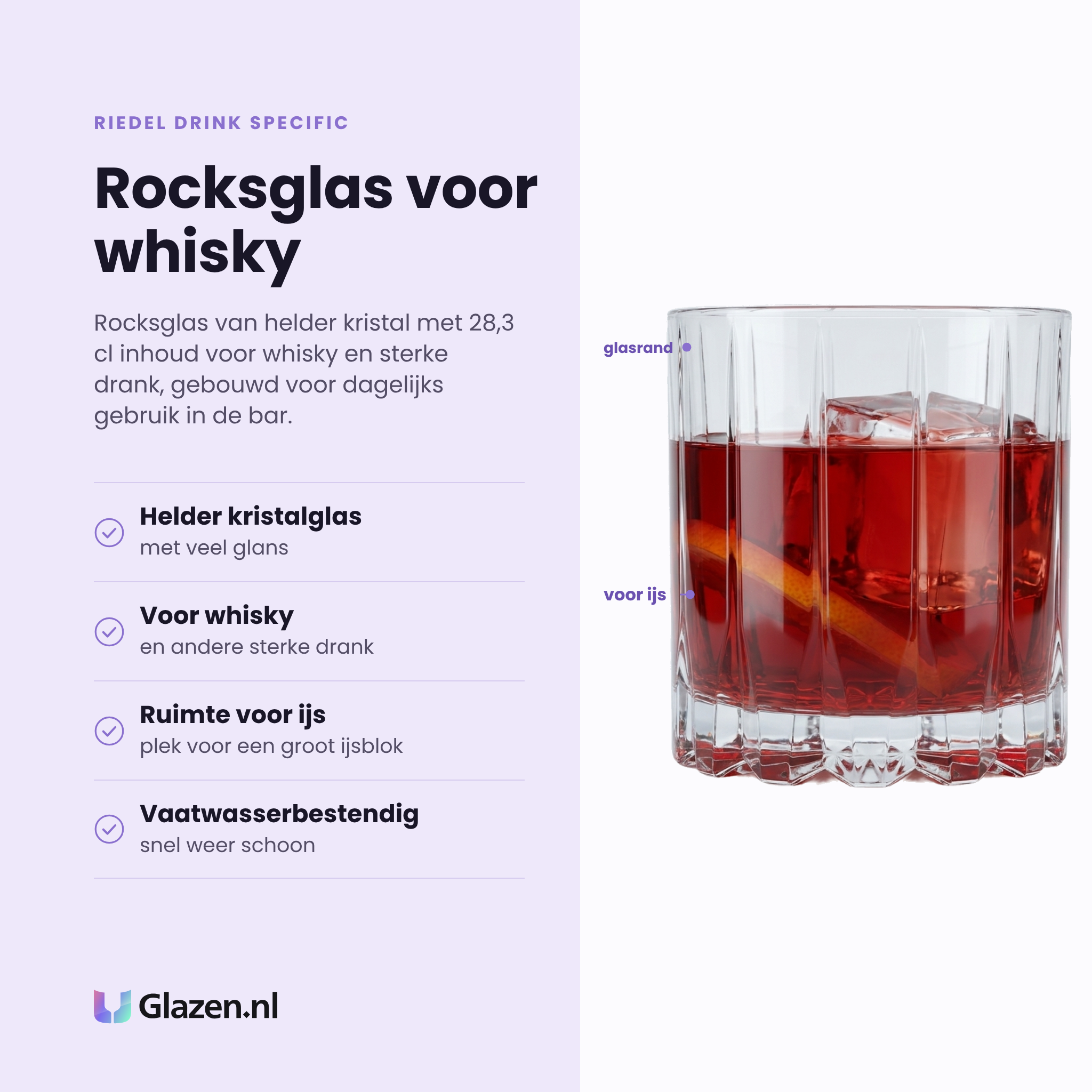RIEDEL Drink Specific rocksglas 28,3 cl eigenschappen: helder kristalglas, voor whisky en sterke drank, ruimte voor een ijsblok, vaatwasserbestendig