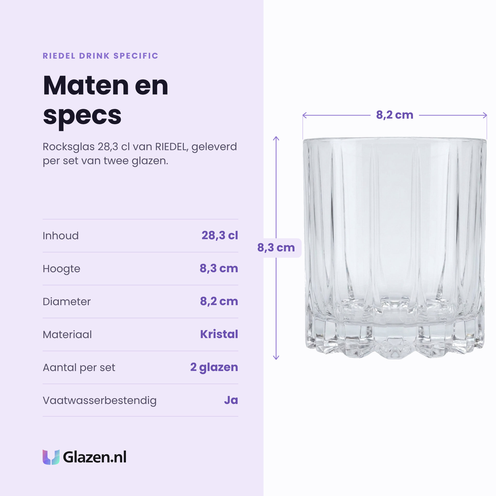 RIEDEL Drink Specific rocksglas 28,3 cl specificaties: inhoud 28,3 cl, hoogte 8,3 cm, diameter 8,2 cm, kristal, set van 2