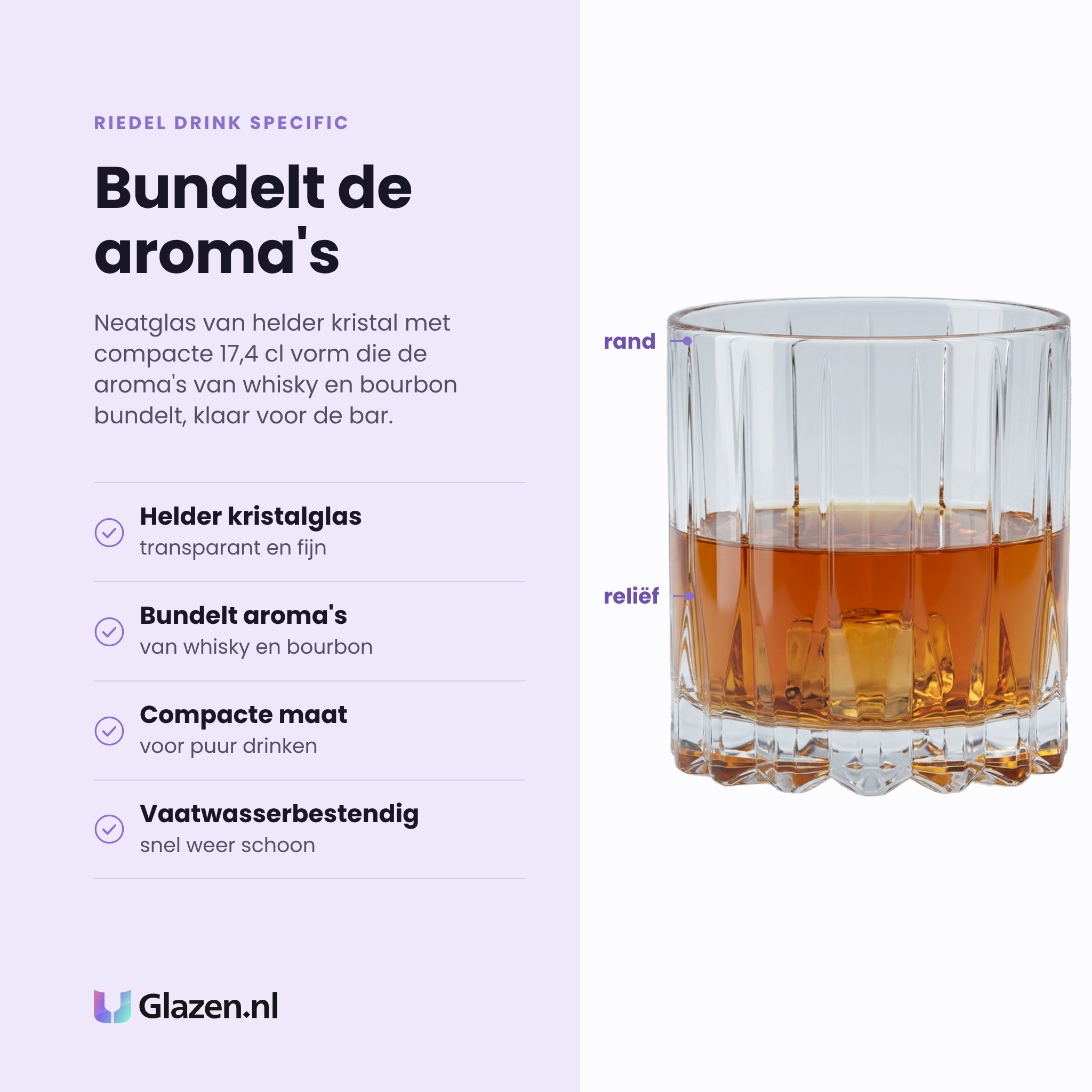 Riedel Drink Specific Glassware neatglas 17,4 cl eigenschappen: helder kristalglas, bundelt aroma's van whisky en bourbon, compacte maat, vaatwasserbestendig