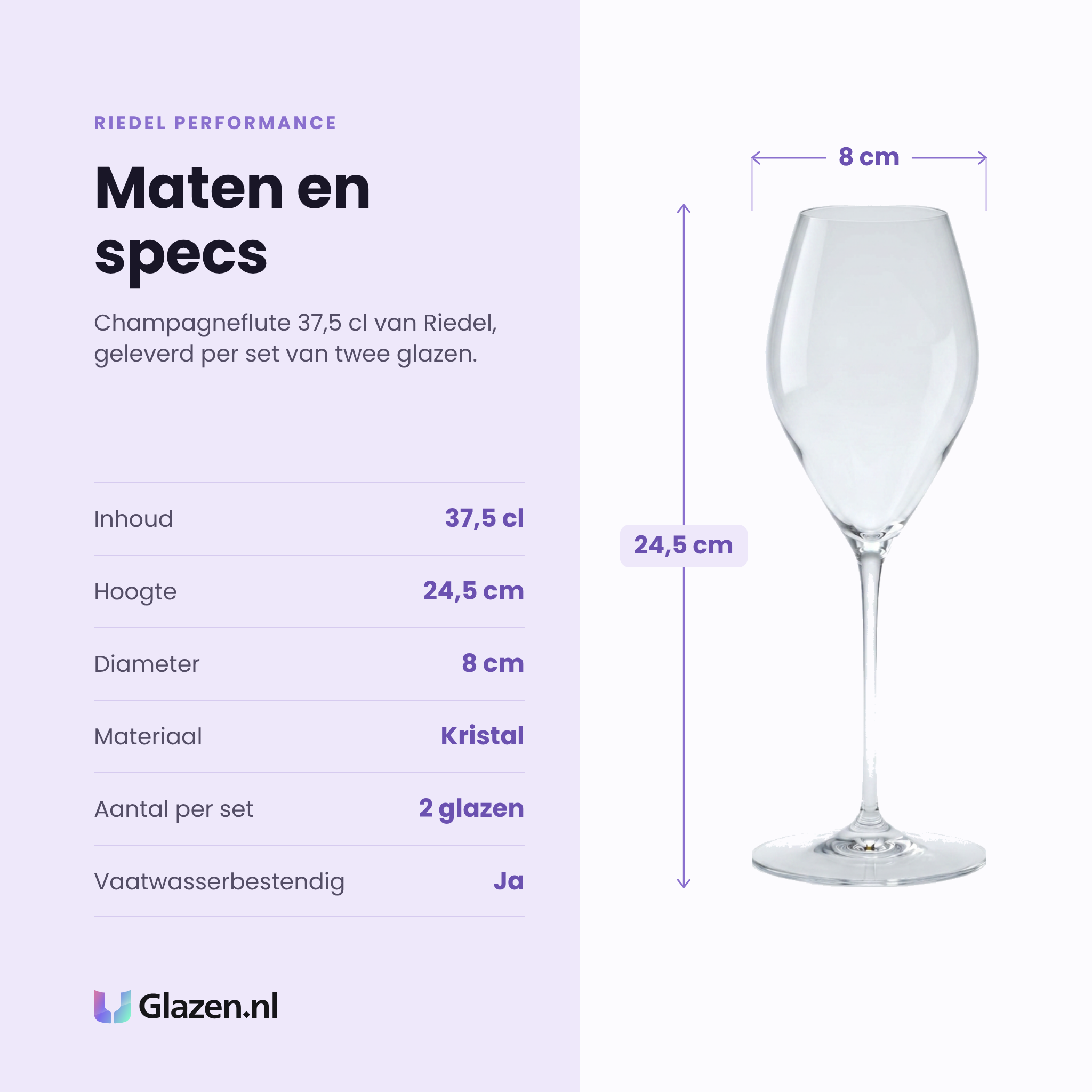 Riedel Performance champagneflute 37,5 cl specificaties: inhoud 37,5 cl, hoogte 24,5 cm, diameter 8 cm, kristal, set van 2