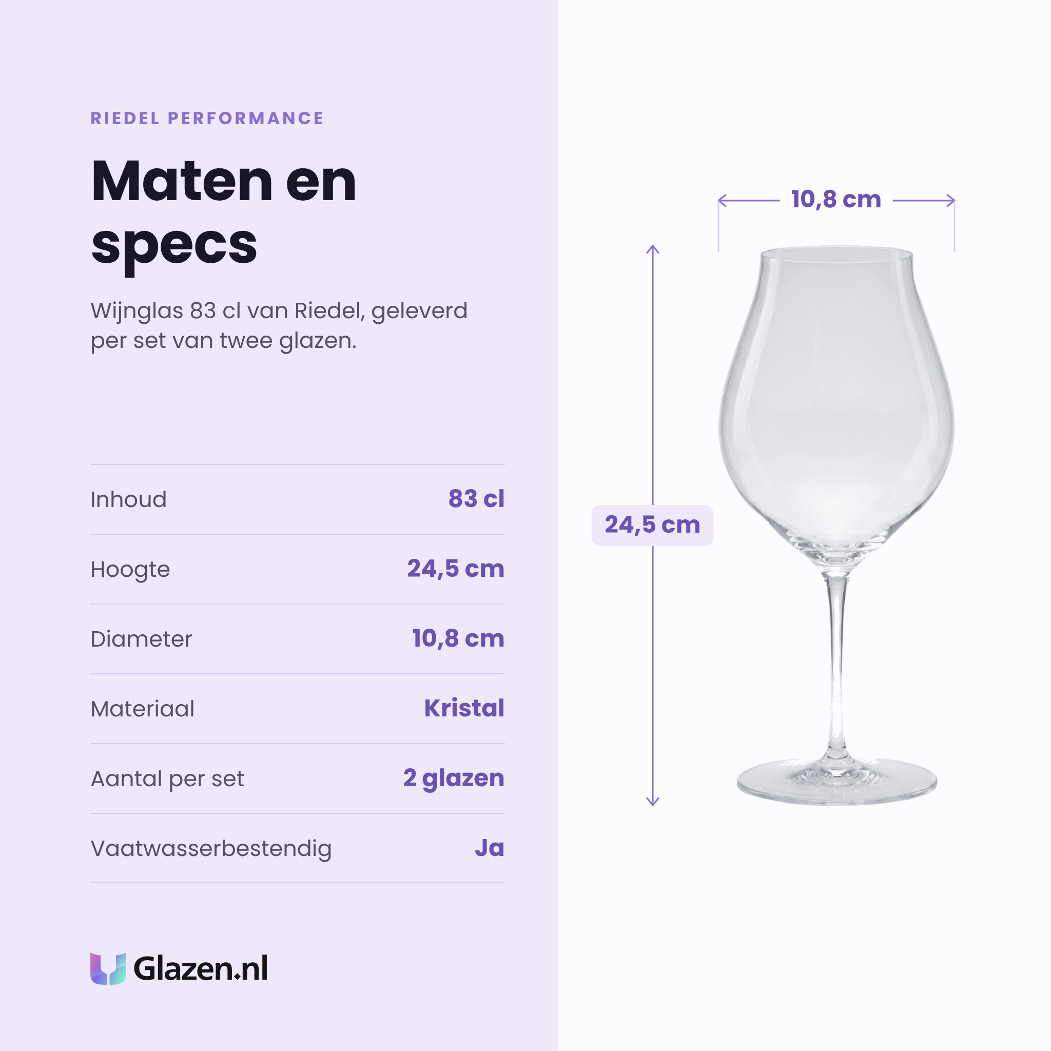 Riedel Performance wijnglas 83 cl specificaties: inhoud 83 cl, hoogte 24,5 cm, diameter 10,8 cm, kristal, set van 2
