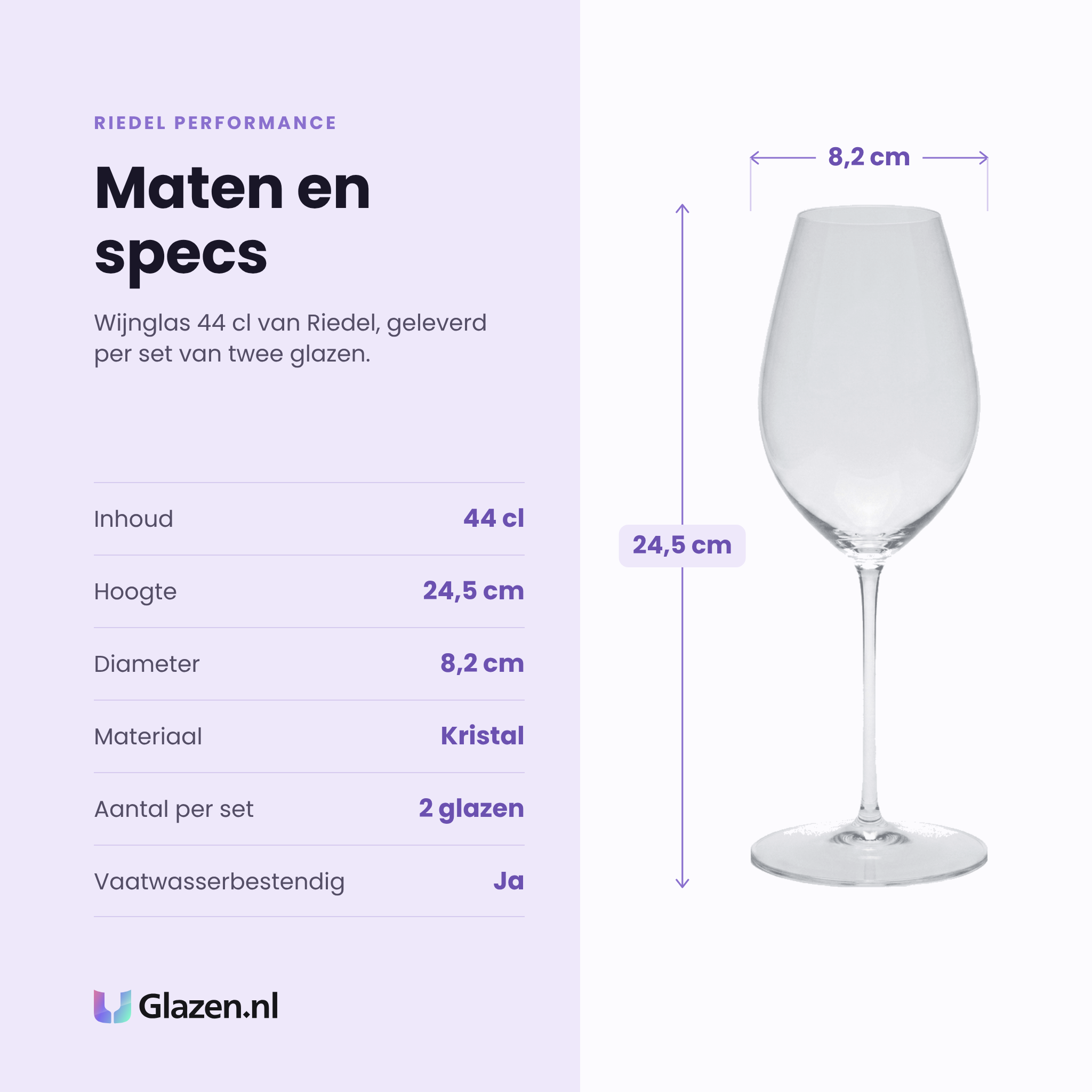 Riedel Performance wijnglas 44 cl specificaties: inhoud 44 cl, hoogte 24,5 cm, diameter 8,2 cm, kristal, set van 2