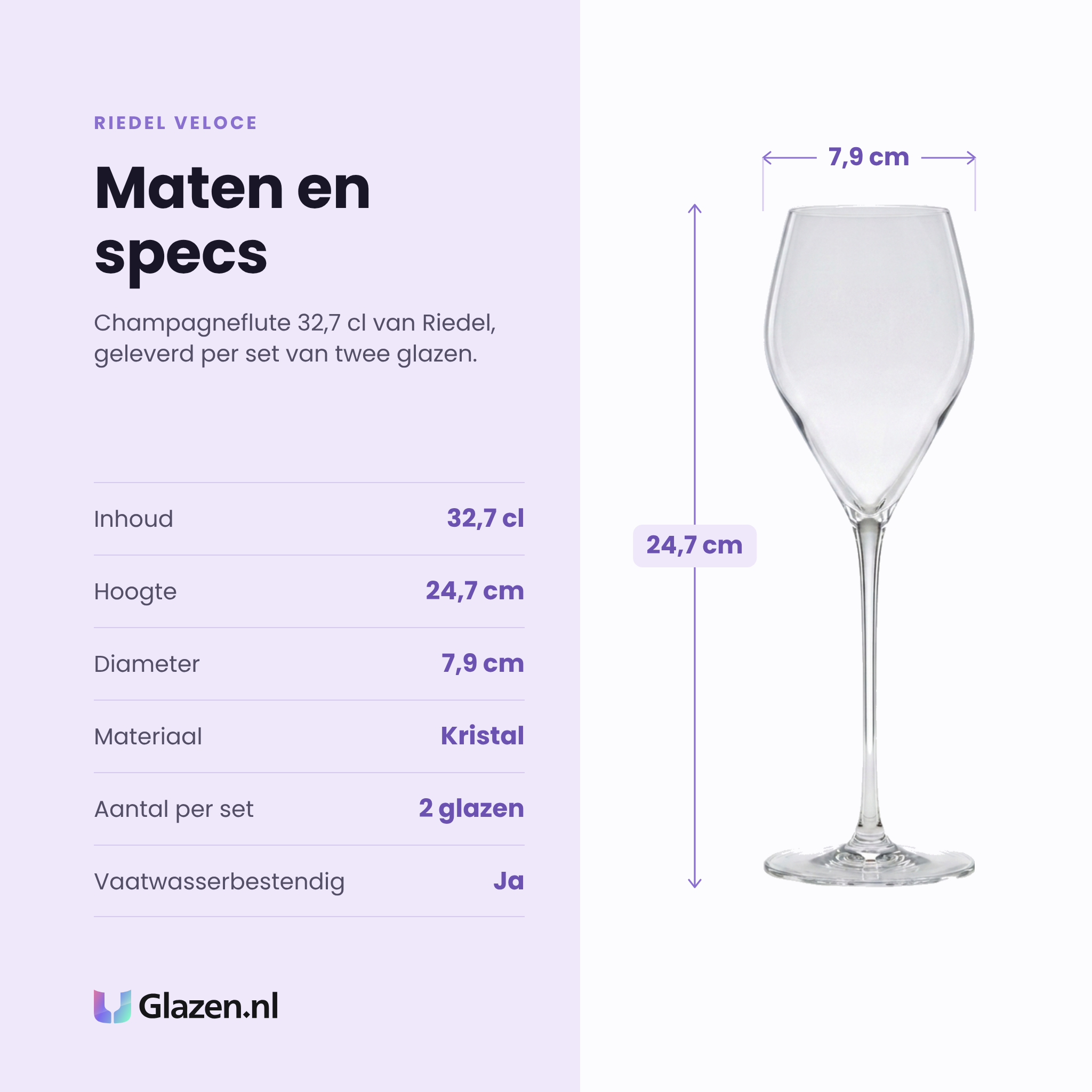 Riedel Veloce champagneflute 32,7 cl specificaties: inhoud 32,7 cl, hoogte 24,7 cm, diameter 7,9 cm, kristal, set van 2