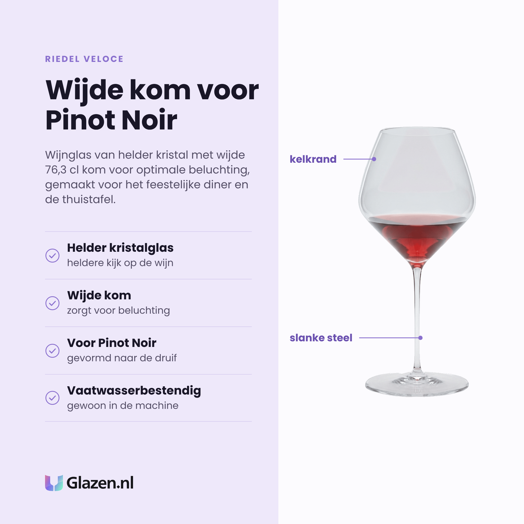 Riedel Veloce wijnglas 76,3 cl eigenschappen: helder kristalglas, wijde kom voor beluchting, gevormd voor pinot noir, vaatwasserbestendig
