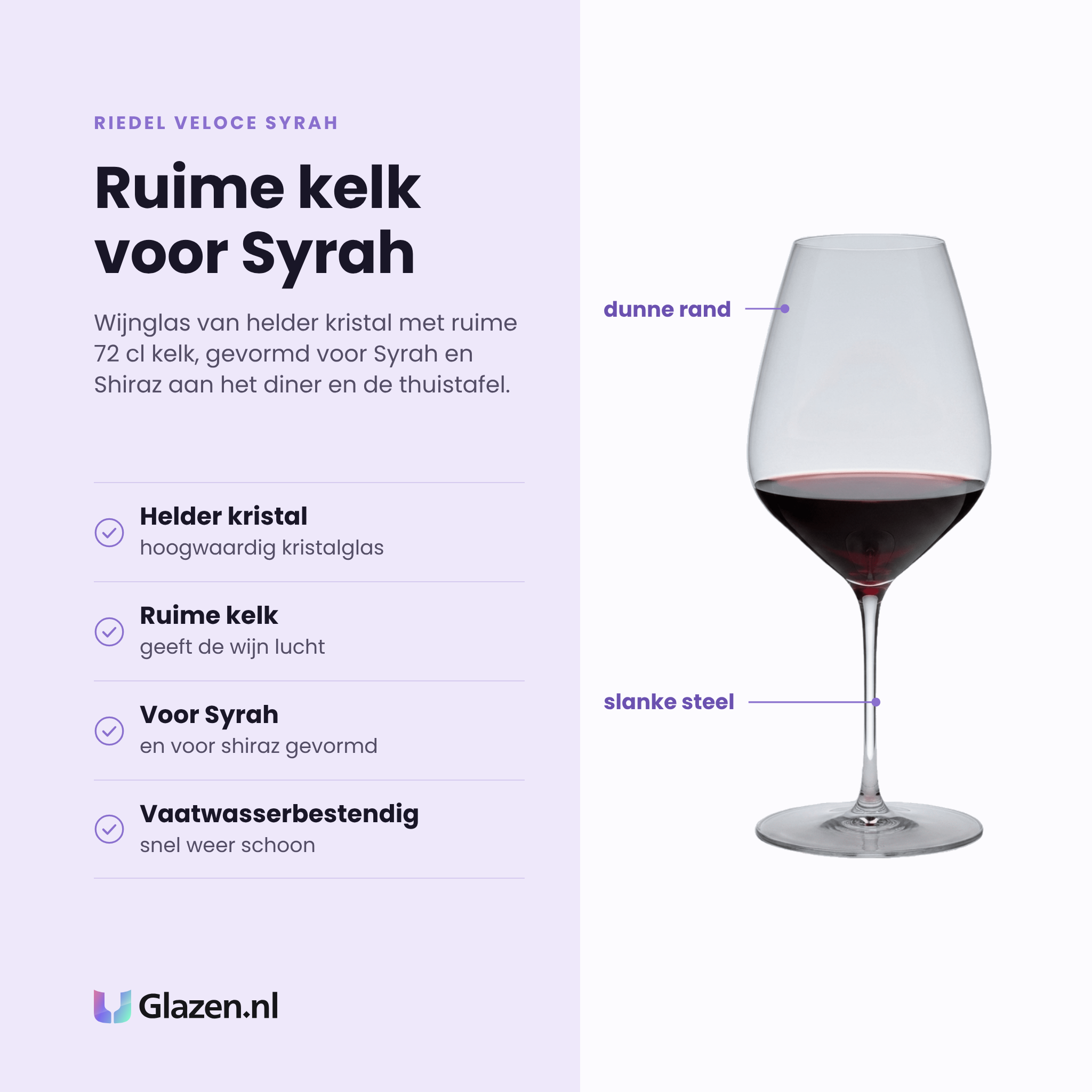 Riedel Veloce Syrah wijnglas 72 cl eigenschappen: helder kristalglas, ruime kelk voor beluchting, gevormd voor syrah en shiraz, vaatwasserbestendig