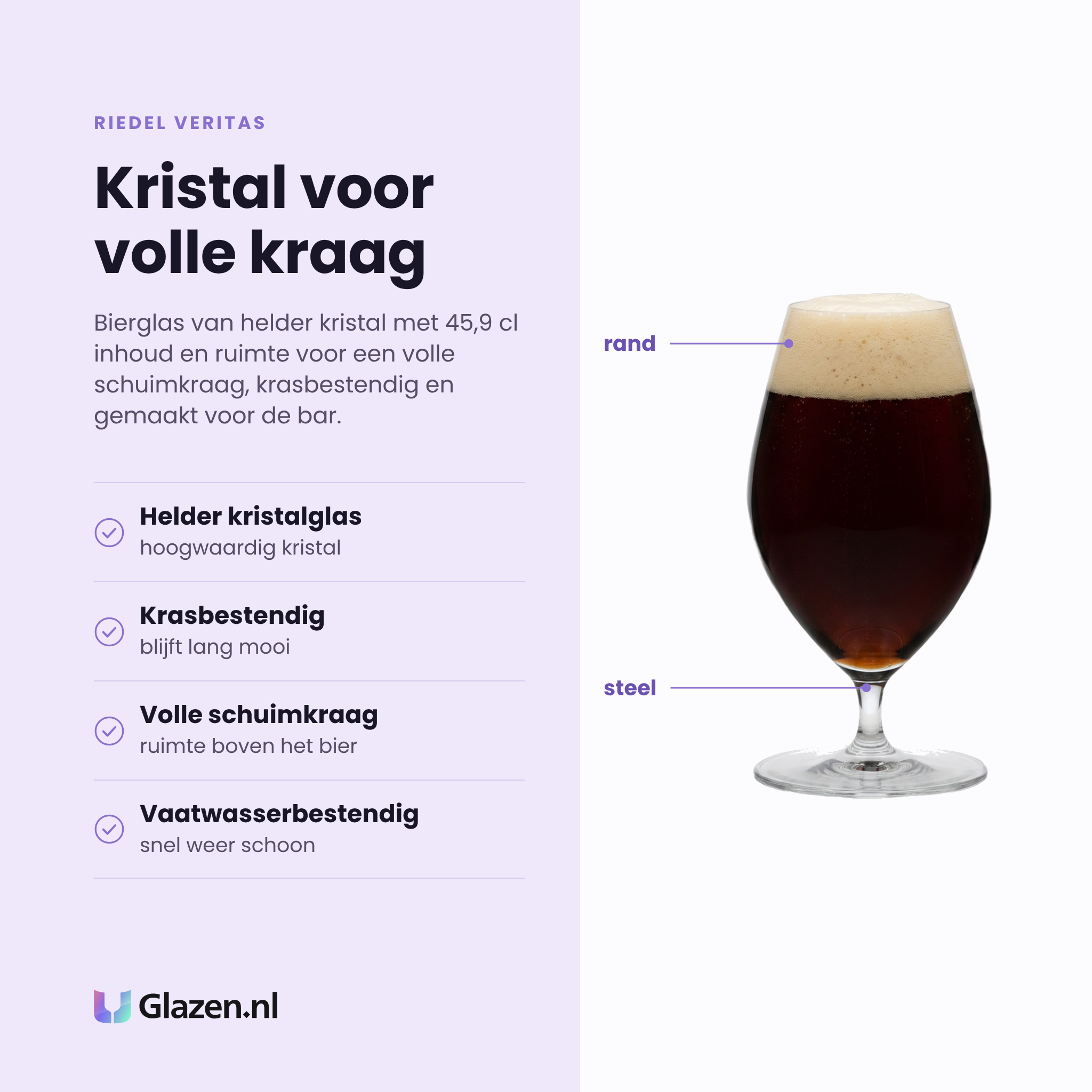 Riedel Veritas bierglas 45,9 cl eigenschappen: helder kristalglas, krasbestendig, volle schuimkraag, vaatwasserbestendig