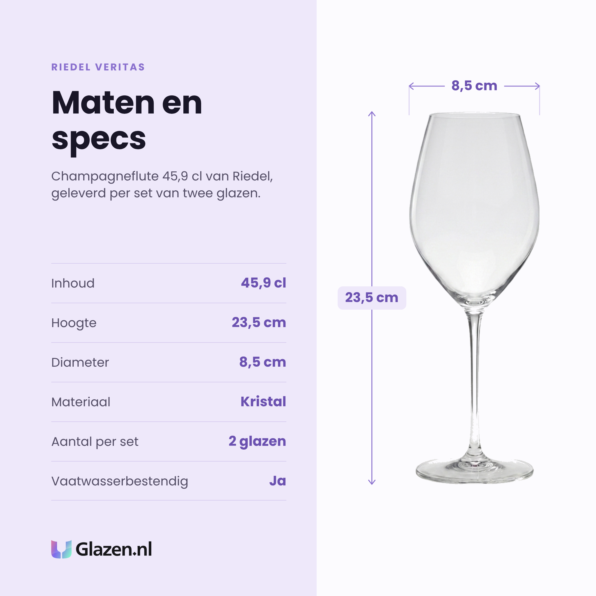 Riedel Veritas champagneflute 45,9 cl specificaties: inhoud 45,9 cl, hoogte 23,5 cm, diameter 8,5 cm, kristal, set van 2