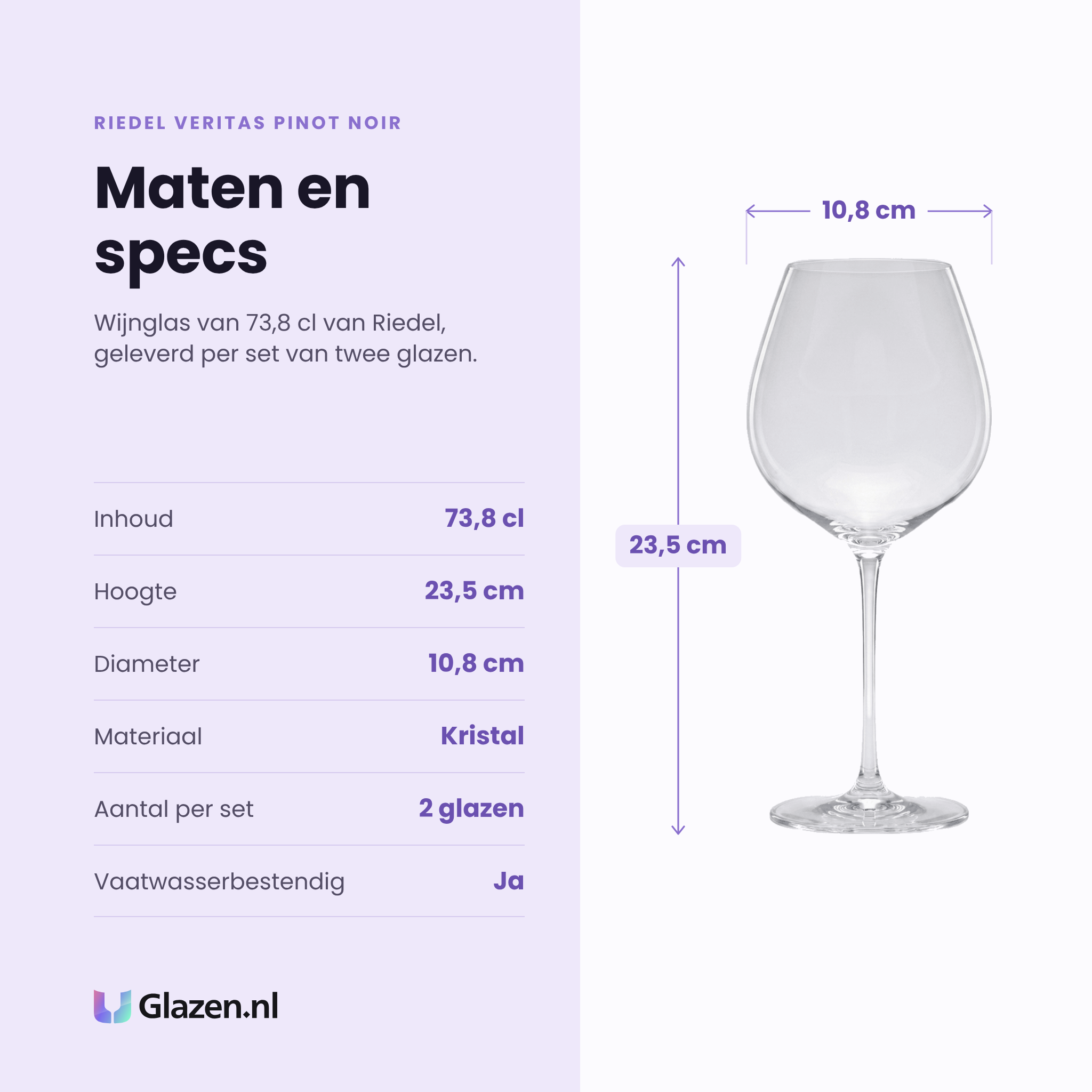 Riedel Veritas Pinot Noir wijnglas 73,8 cl specificaties: inhoud 73,8 cl, hoogte 23,5 cm, diameter 10,8 cm, kristal, set van 2