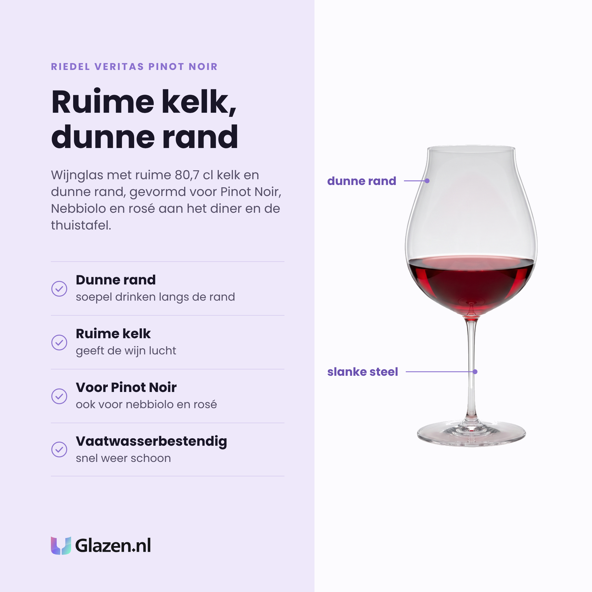 Riedel Veritas Pinot Noir wijnglas 80,7 cl eigenschappen: dunne rand, ruime kelk voor beluchting, gevormd voor pinot noir, ook voor nebbiolo en rosé
