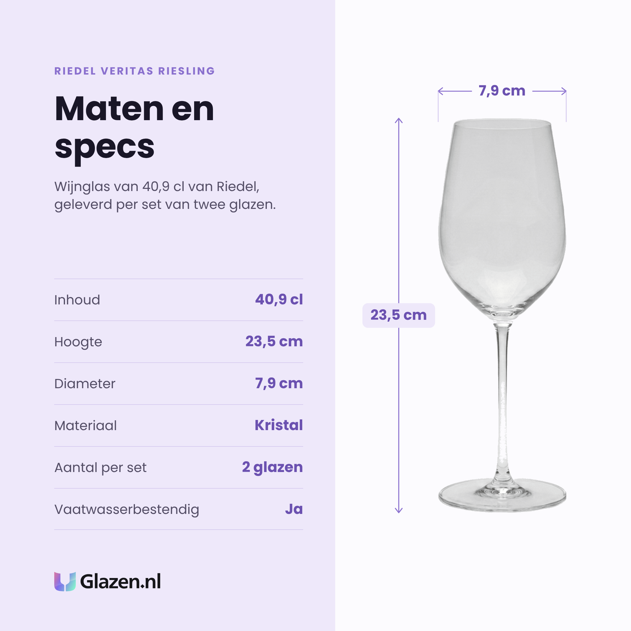 Riedel Veritas Riesling wijnglas 40,9 cl specificaties: inhoud 40,9 cl, hoogte 23,5 cm, diameter 7,9 cm, kristal, set van 2