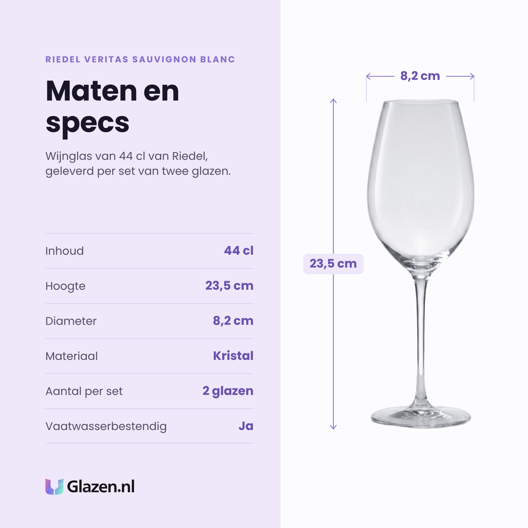 Riedel Veritas Sauvignon Blanc wijnglas 44 cl specificaties: inhoud 44 cl, hoogte 23,5 cm, diameter 8,2 cm, kristal, set van 2