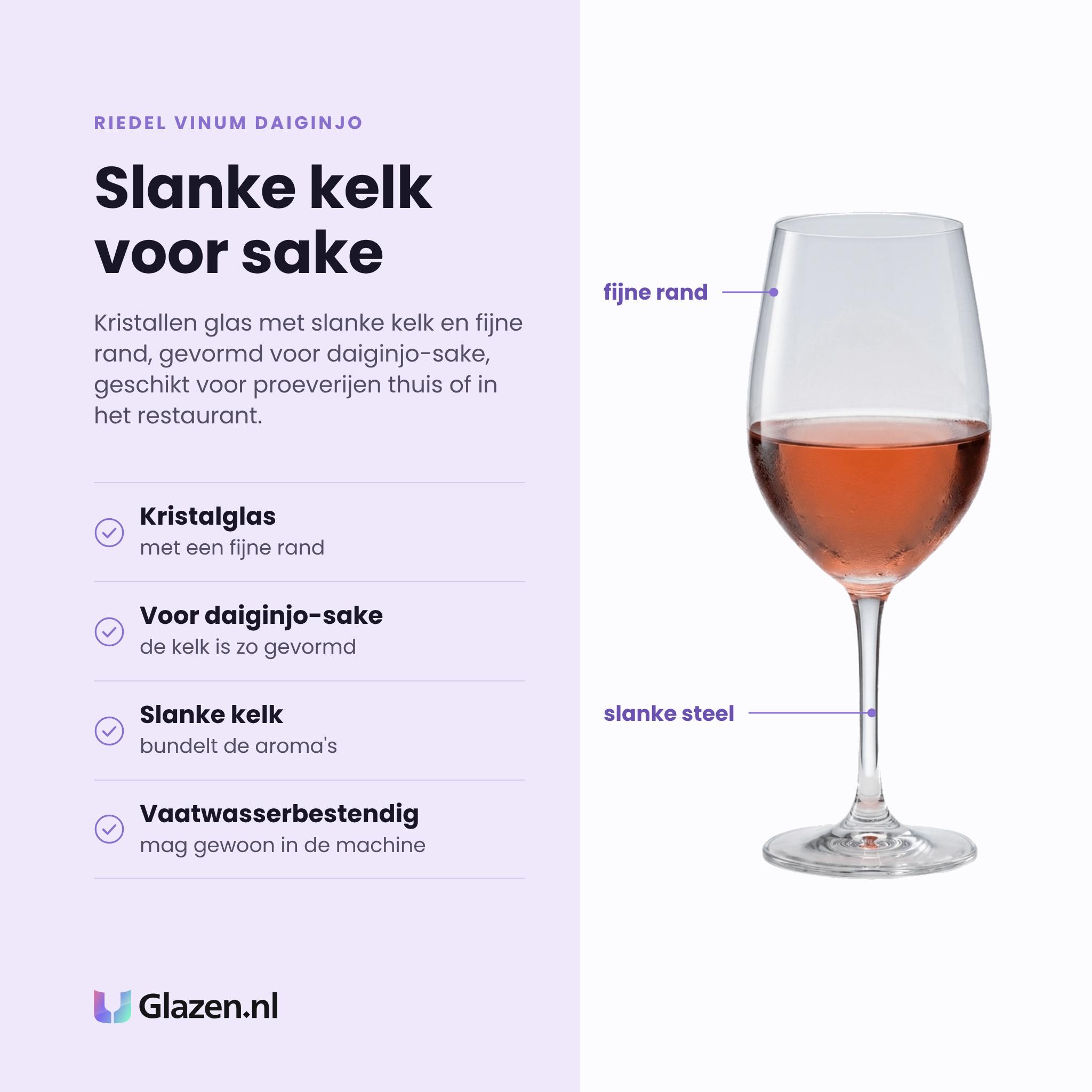 Riedel Vinum Daiginjo wijnglas 39 cl eigenschappen: kristalglas met fijne rand, kelkvorm voor daiginjo-sake, slanke kelk bundelt aroma's, vaatwasserbestendig
