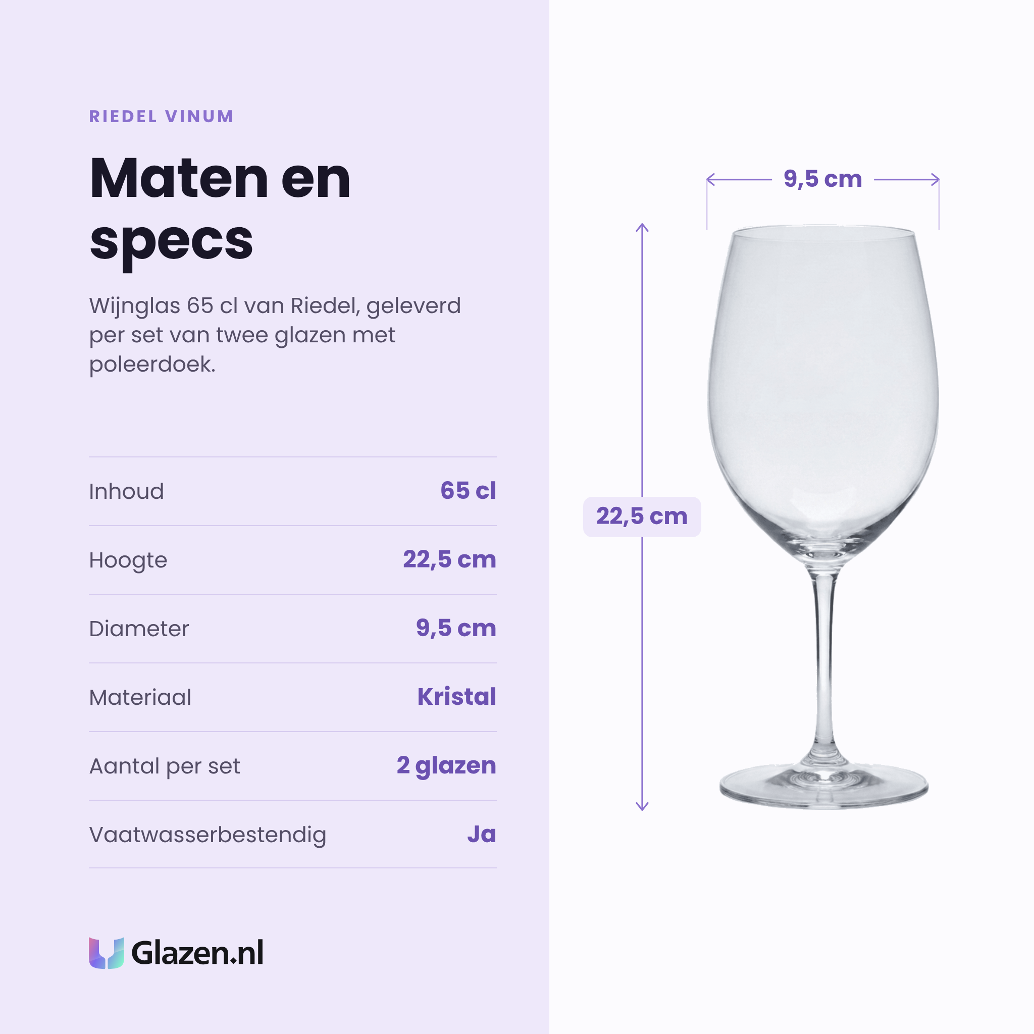 Riedel Vinum wijnglas 65 cl specificaties: inhoud 65 cl, hoogte 22,5 cm, diameter 9,5 cm, kristal, set van 2