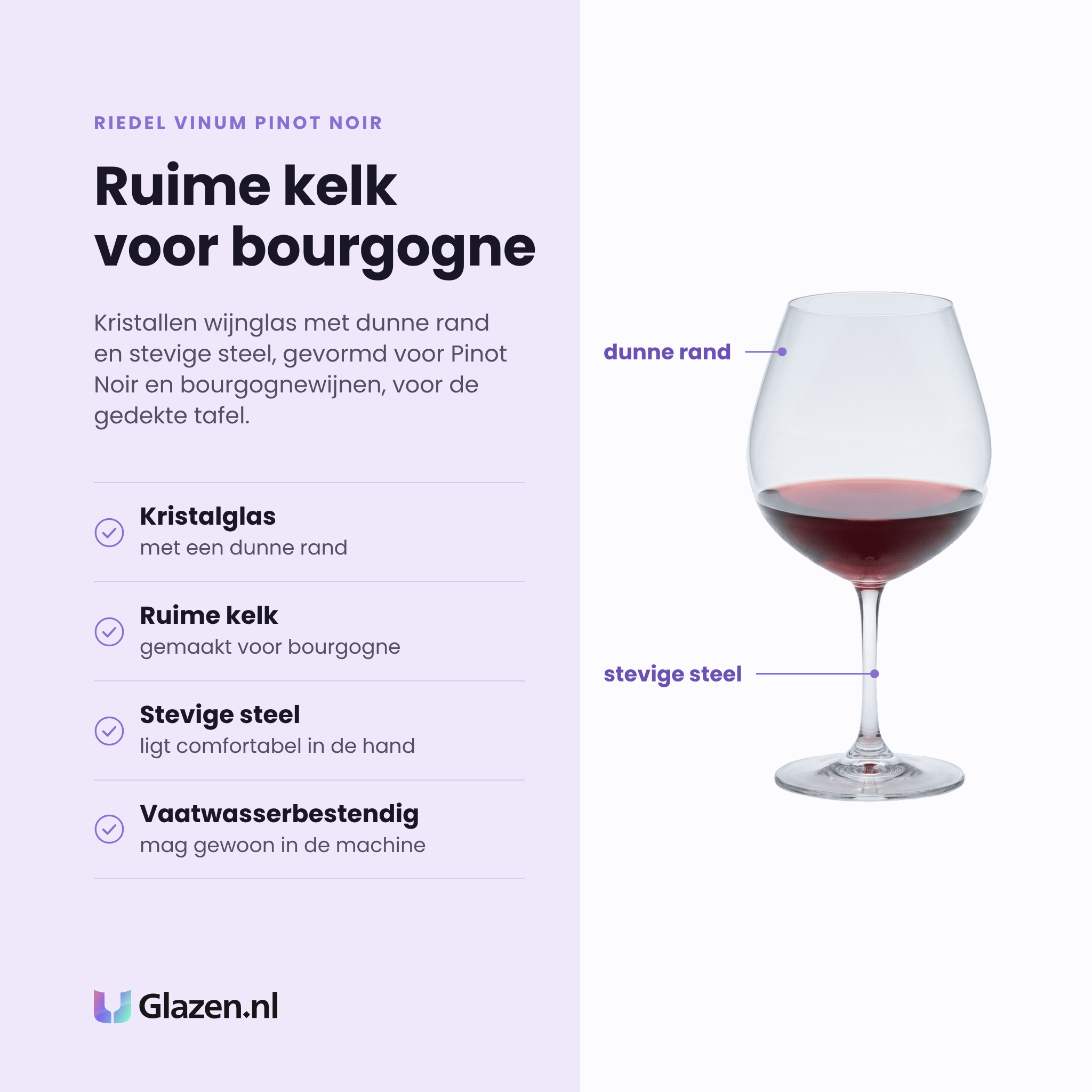 Riedel Vinum Pinot Noir wijnglas 72,5 cl eigenschappen: kristalglas met dunne rand, ruime kelk voor bourgogne, stevige steel, vaatwasserbestendig