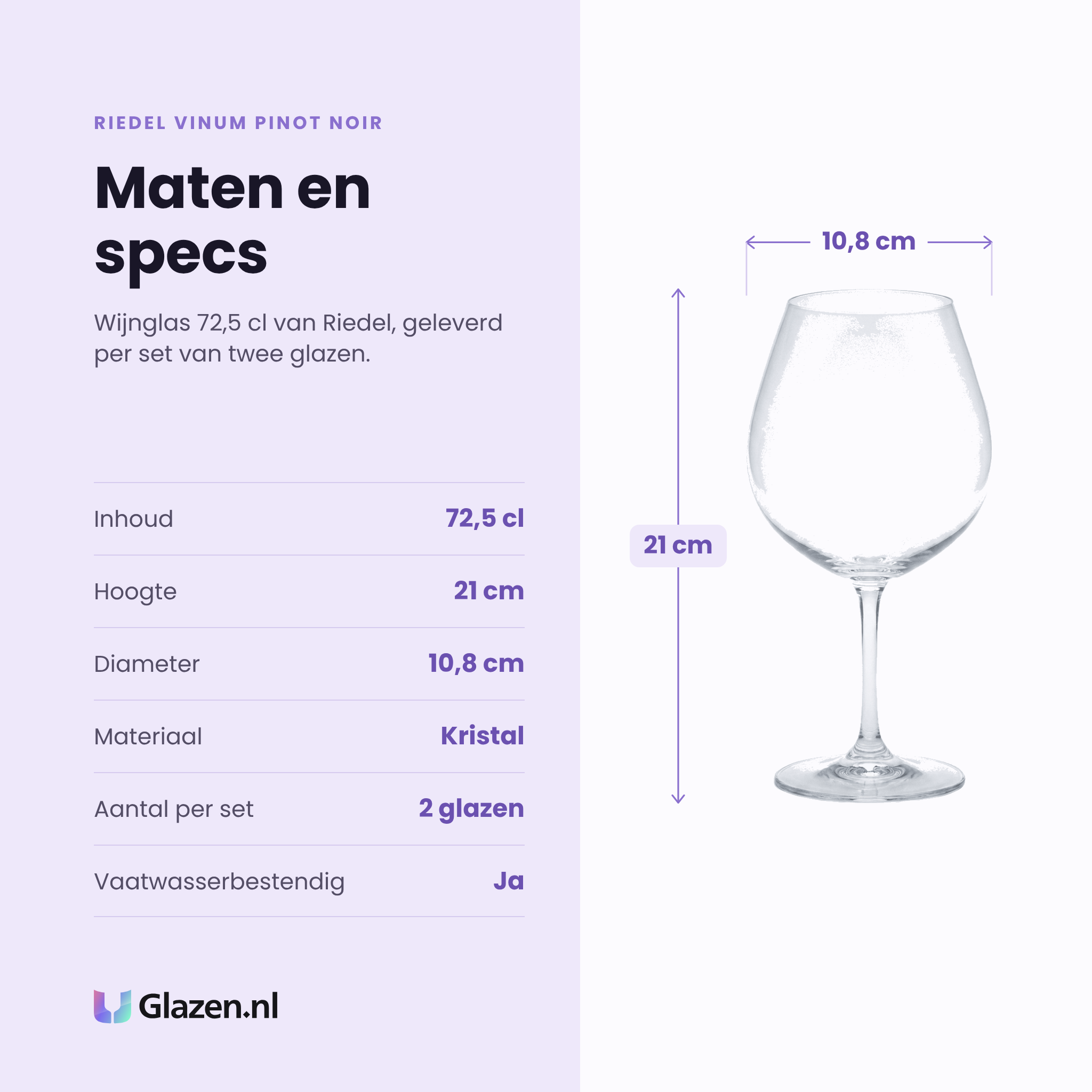 Riedel Vinum Pinot Noir wijnglas 72,5 cl specificaties: inhoud 72,5 cl, hoogte 21 cm, diameter 10,8 cm, kristal, set van 2