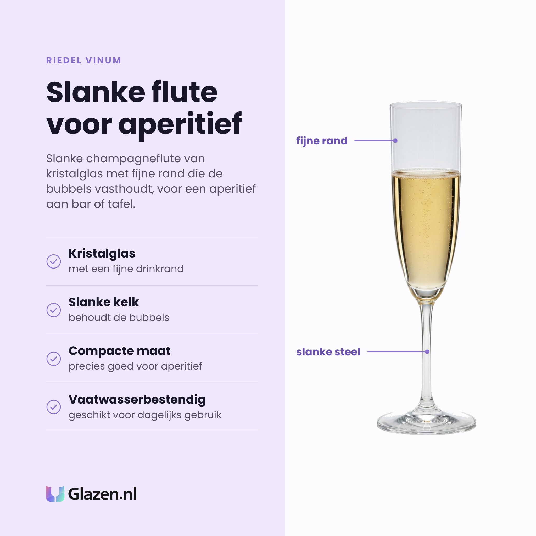 Riedel Vinum champagneflute 16,2 cl eigenschappen: kristalglas met fijne rand, slanke kelk behoudt bubbels, compacte maat, vaatwasserbestendig
